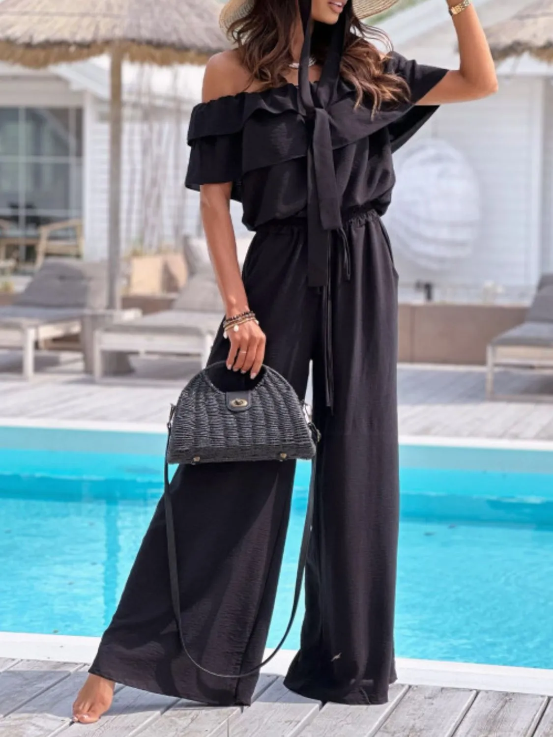 Off-Shoulder Ruffled Wide Leg Jumpsuit - ZKZOOK