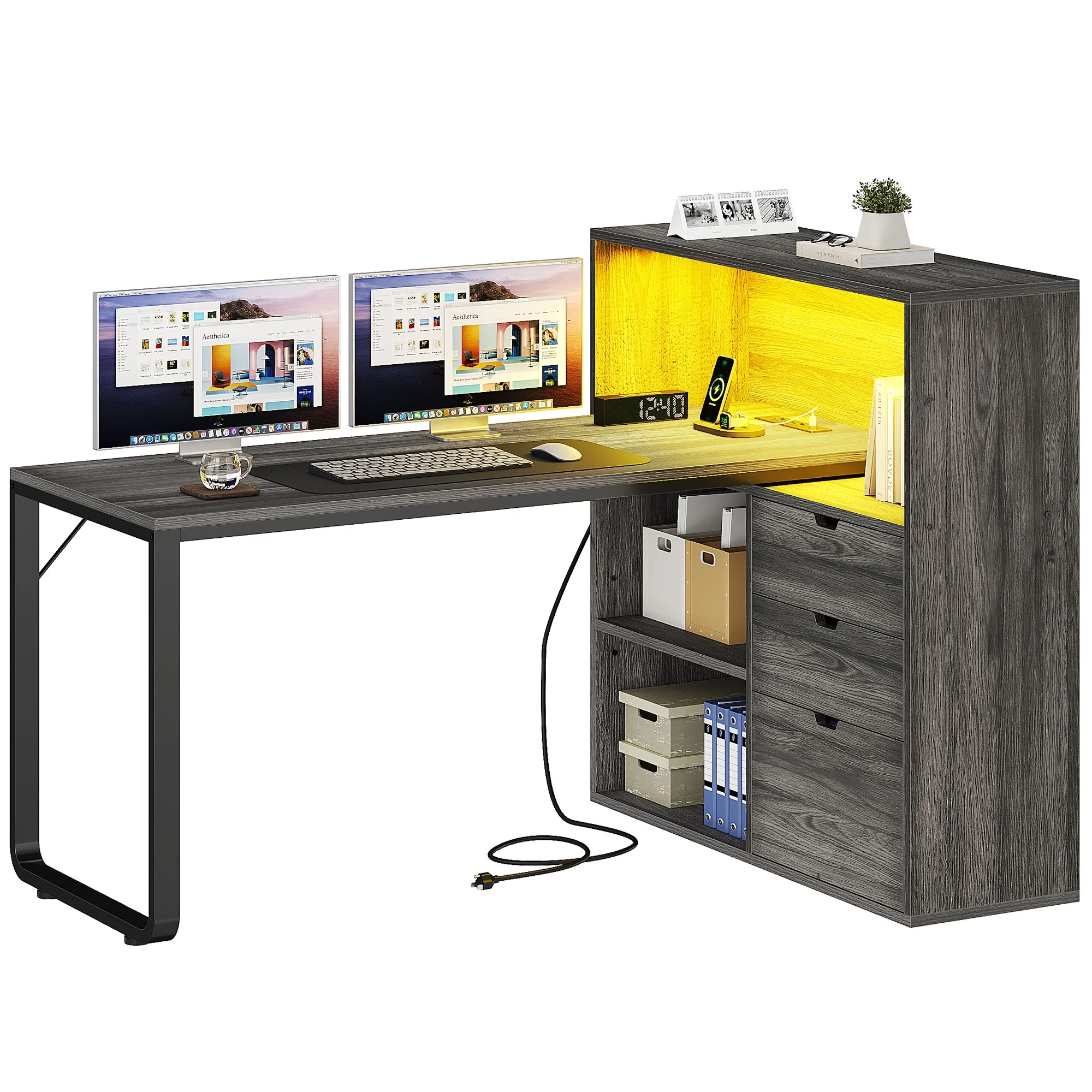 Dextrus L Shaped Desk with Power Outlets & LED Lights, Computer Desk with 3 Drawers and 3 Storage Shelves, White Office Desk Corner Desk for Home Office - Image 18
