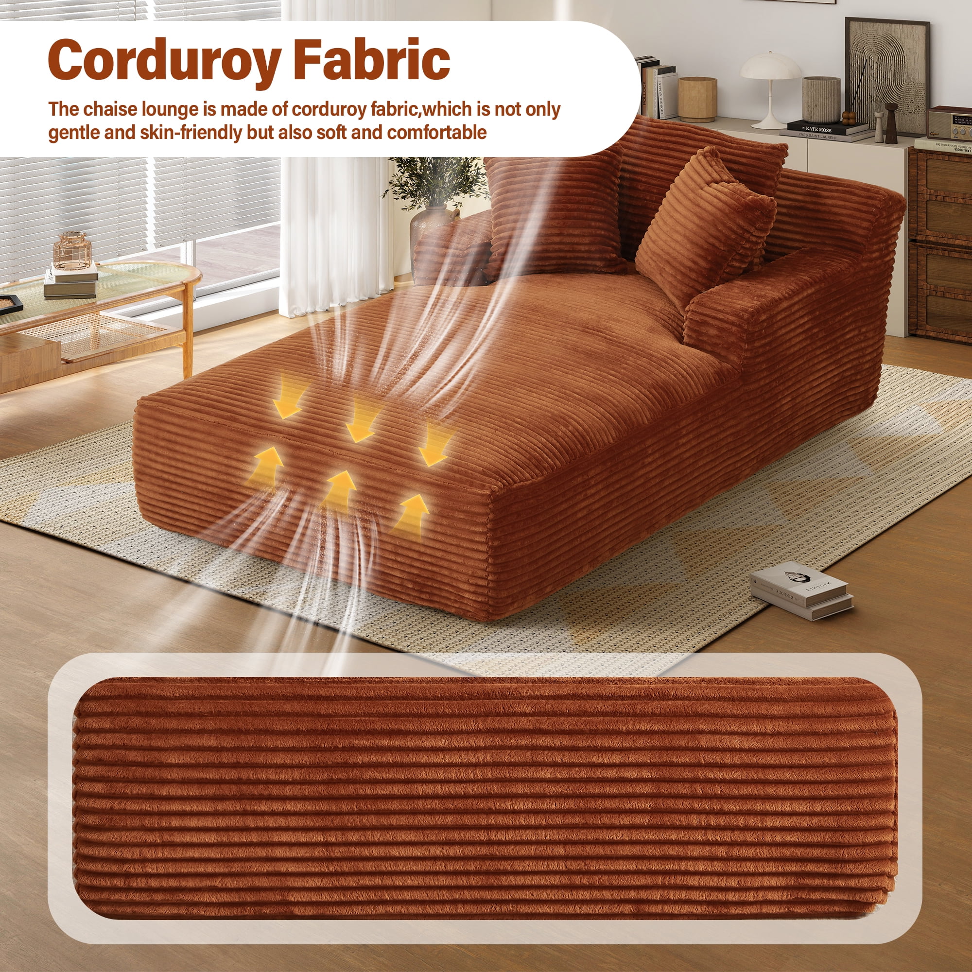 Aukfa 78.7" Extra Long Chaise Lounge Sofa, Oversized Upholstered Couch with 3 Pillows for Indoor Living Room/Bedroom,Orange - Image 8