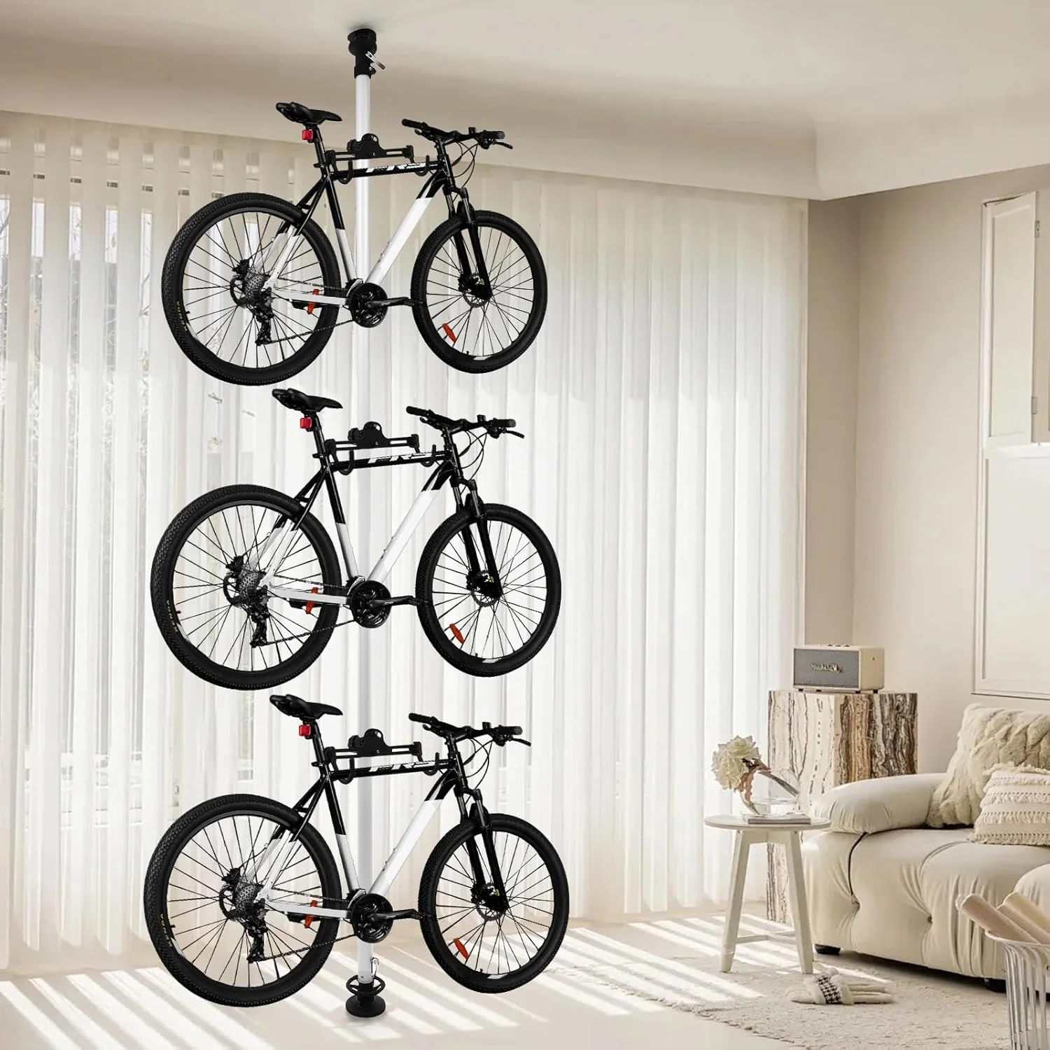 Vertical Bike Storage Rack 3 Bicycles Bike Stand Adjustable No Drilling Bike Rack Garage Space-Saving Rack for Road MTB Hybrid Bicycles