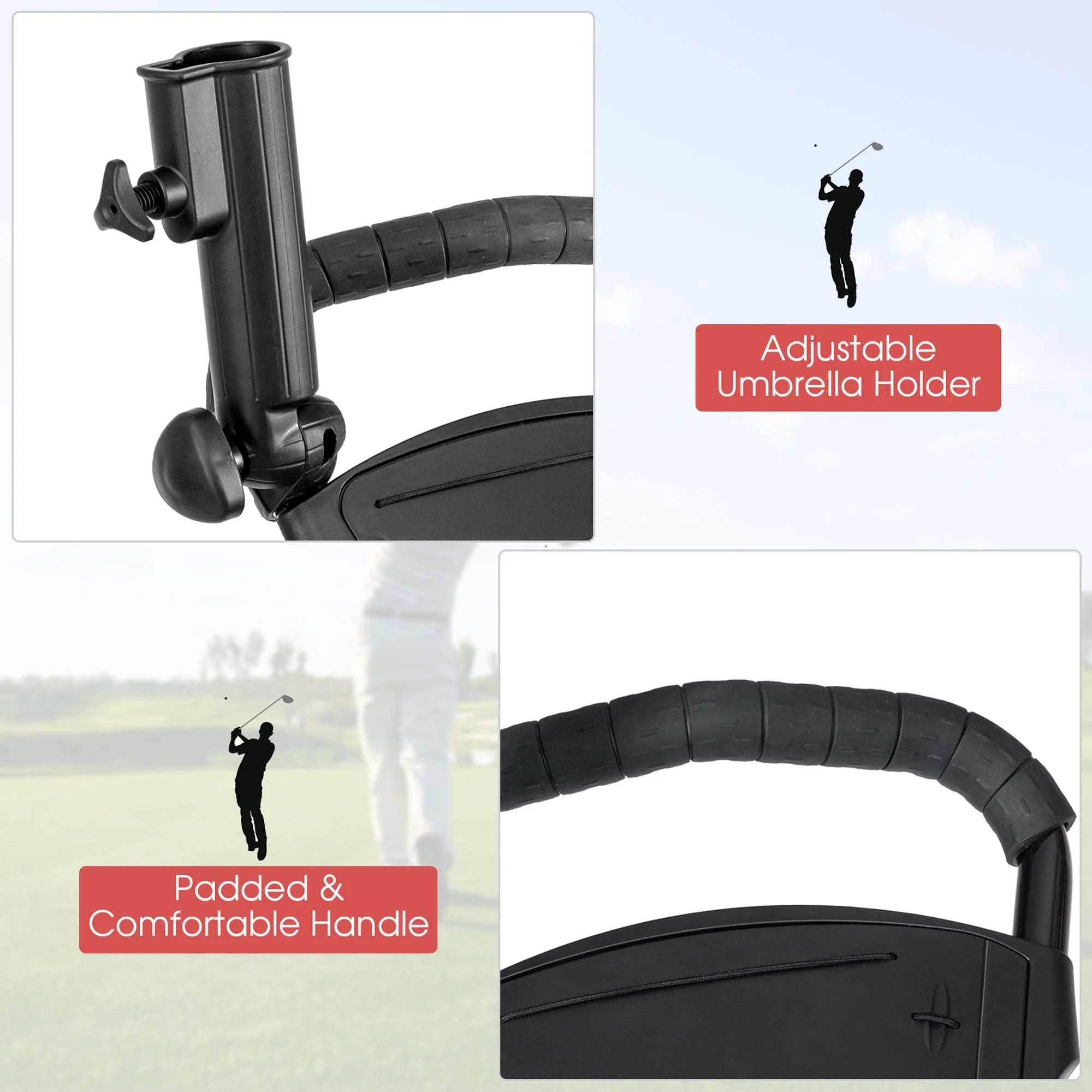 Costway Foldable 3 Wheel Steel Golf Pull Push Cart Trolley Club w/ Umbrella Holder - Image 5