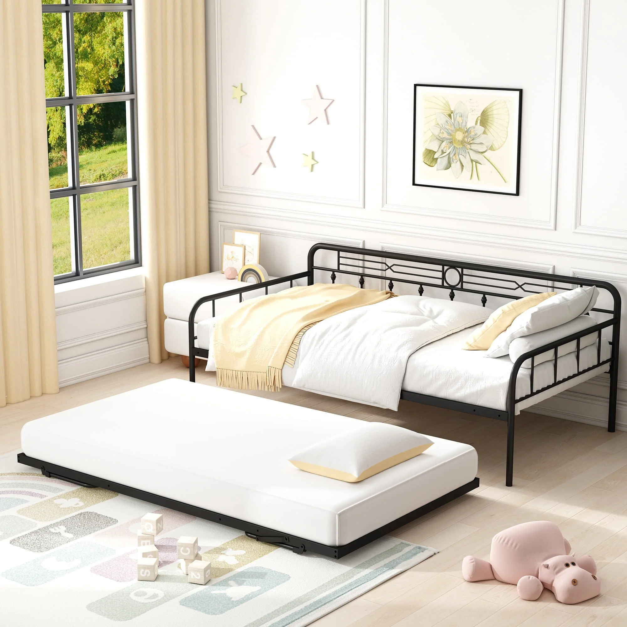 Sesslife Metal Daybed with Adjustable Trundle, Twin Size Daybed with Twin Size Pop Up Trundle Bed, Heavy-Duty Sofa with Portable Folding Trundle Bed for Bedroom Living Room (Black)