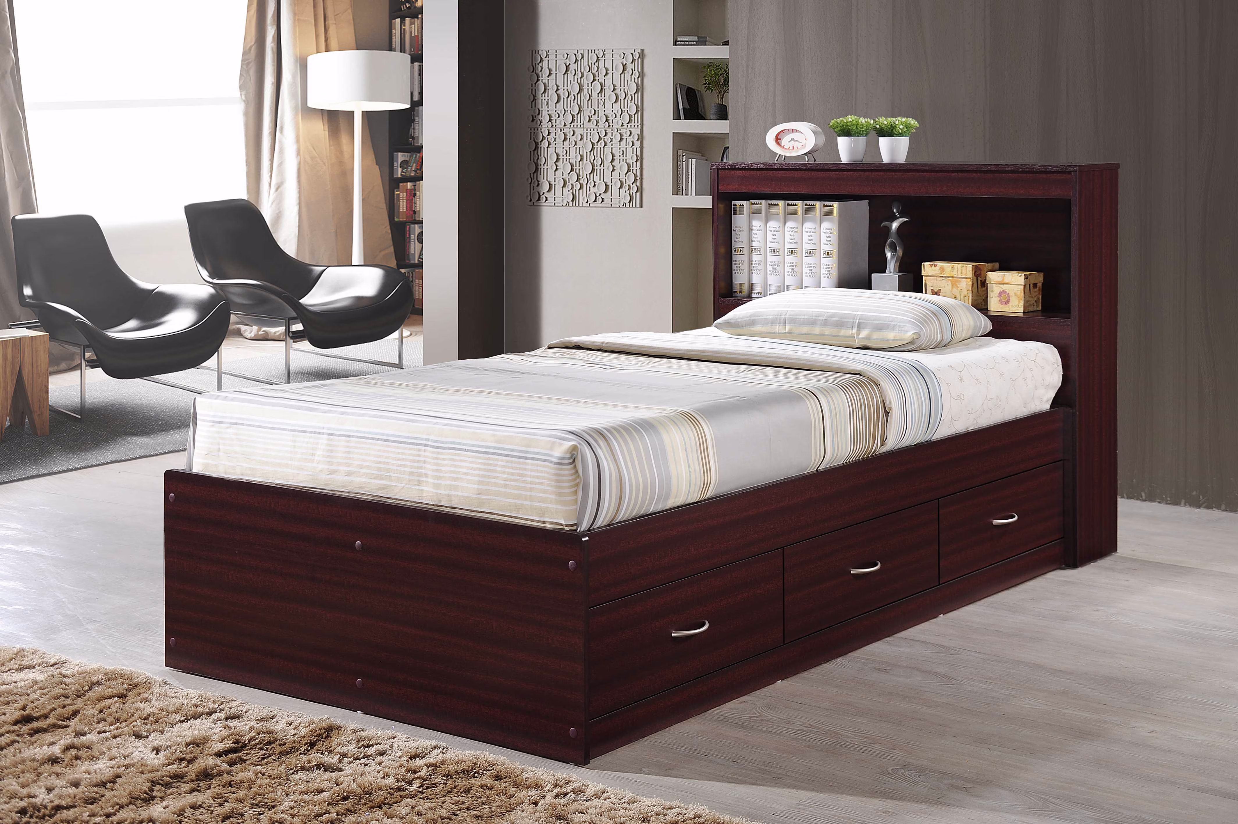 Hodedah Twin-Size Captain Bed with 3-Drawers and Headboard in White - Image 11