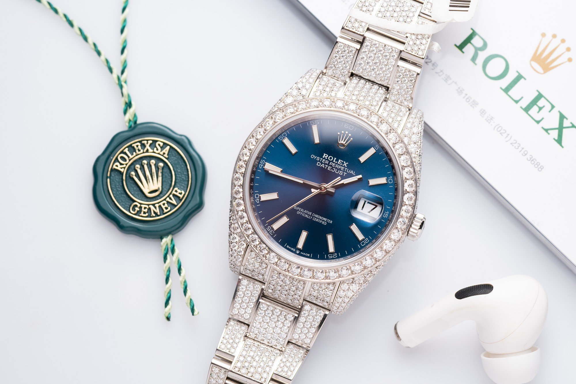 Rolex Replica 1:1 Watch DateJust With Full Moissanite Diamond Blue Dial 41mm - Elite Watch Atelier