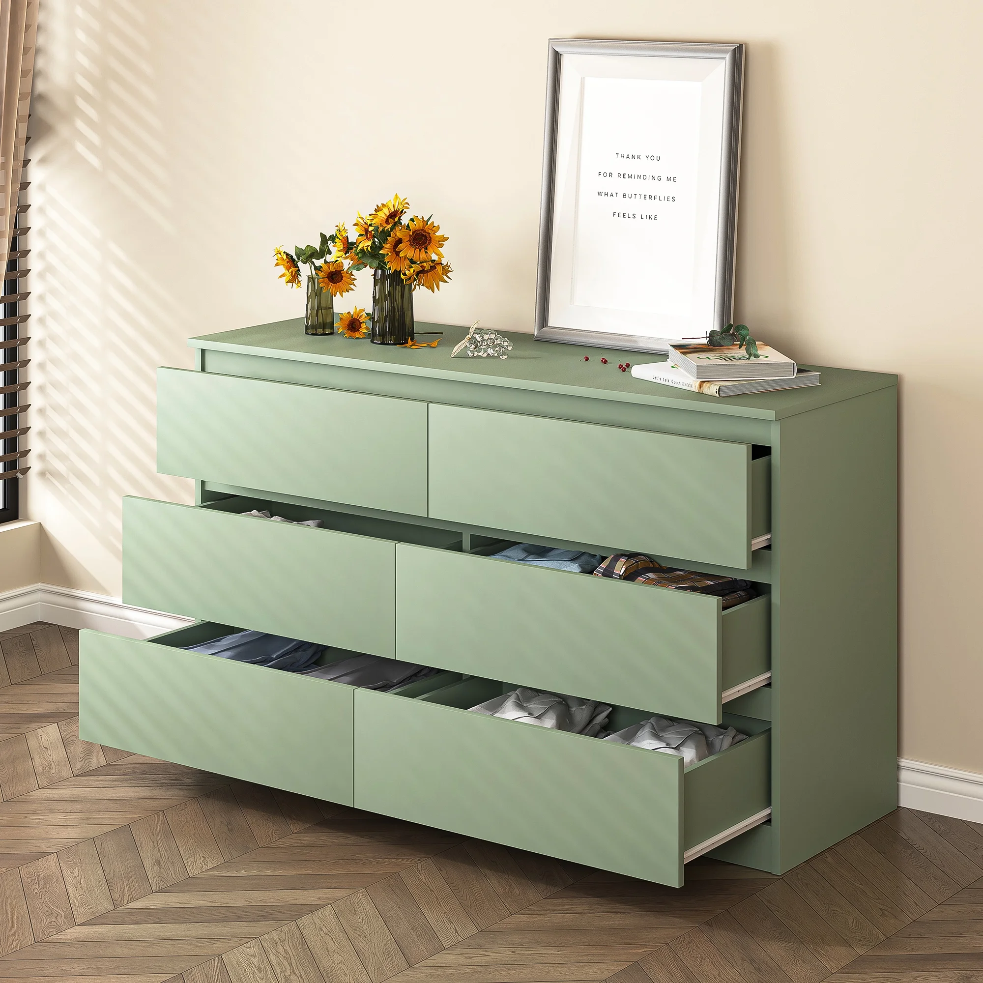Kadyn White Chest of Drawer, 6 Double Drawer Dresser for Bedroom, Modern Storage Cabinet for Living Room, Dresser - Image 100