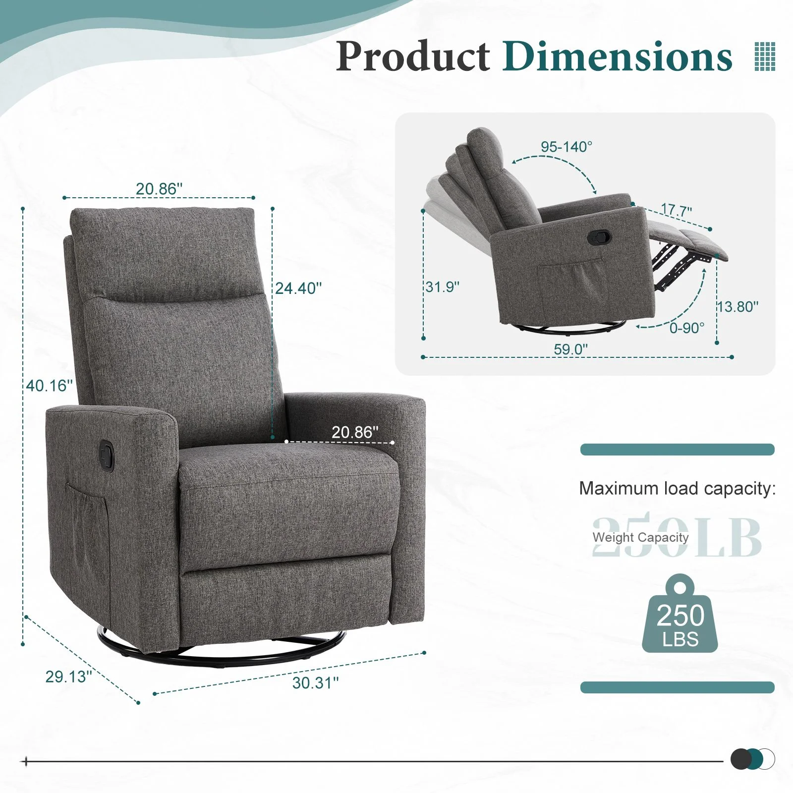 Recliner Message Chair with Footrest, Swivel Rocking Glider, High Back Upholstered Deep Seat for Living Room, Grey - Image 13