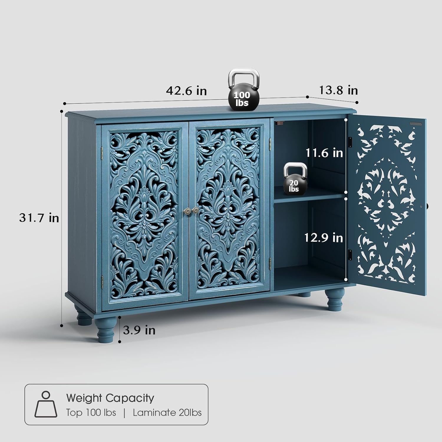 JOINICE Accent Cabinet with 3 Carved Doors, Distressed Blue Sideboard Buffet with Storage & Solid Wood Legs, 43
