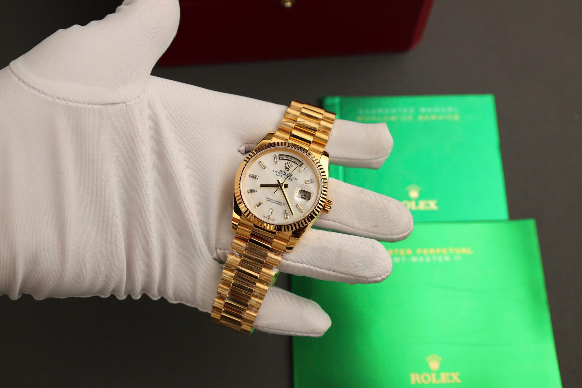 Rolex Day-Date Replica Watch Dial Mother Of Pearl Custom Gold Wrapped 36mm - Elite Watch Atelier