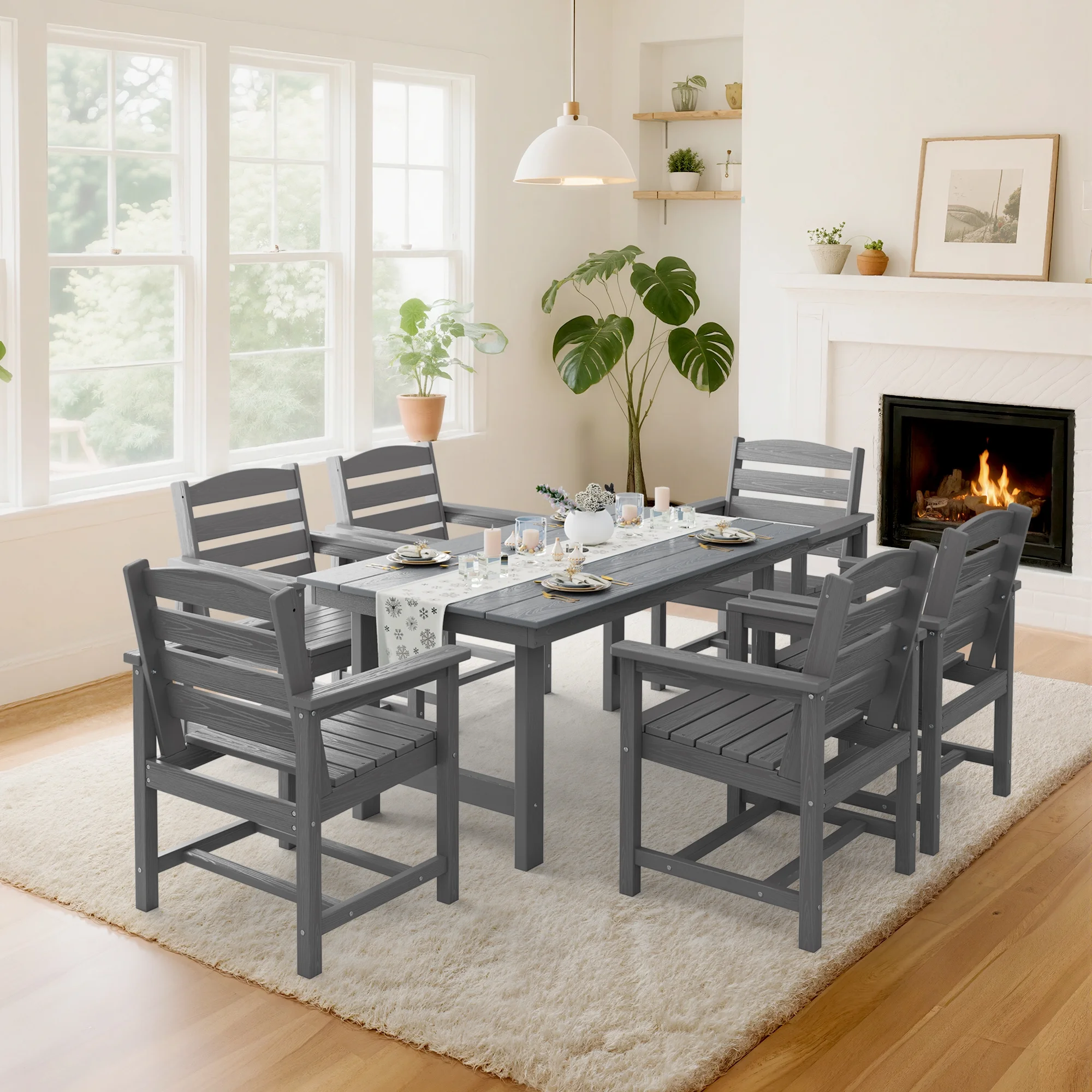 KINGYES 7-Piece Outdoor Dining Set, HDPE Patio Table and Chairs with Umbrella Hole, Gray - Image 16