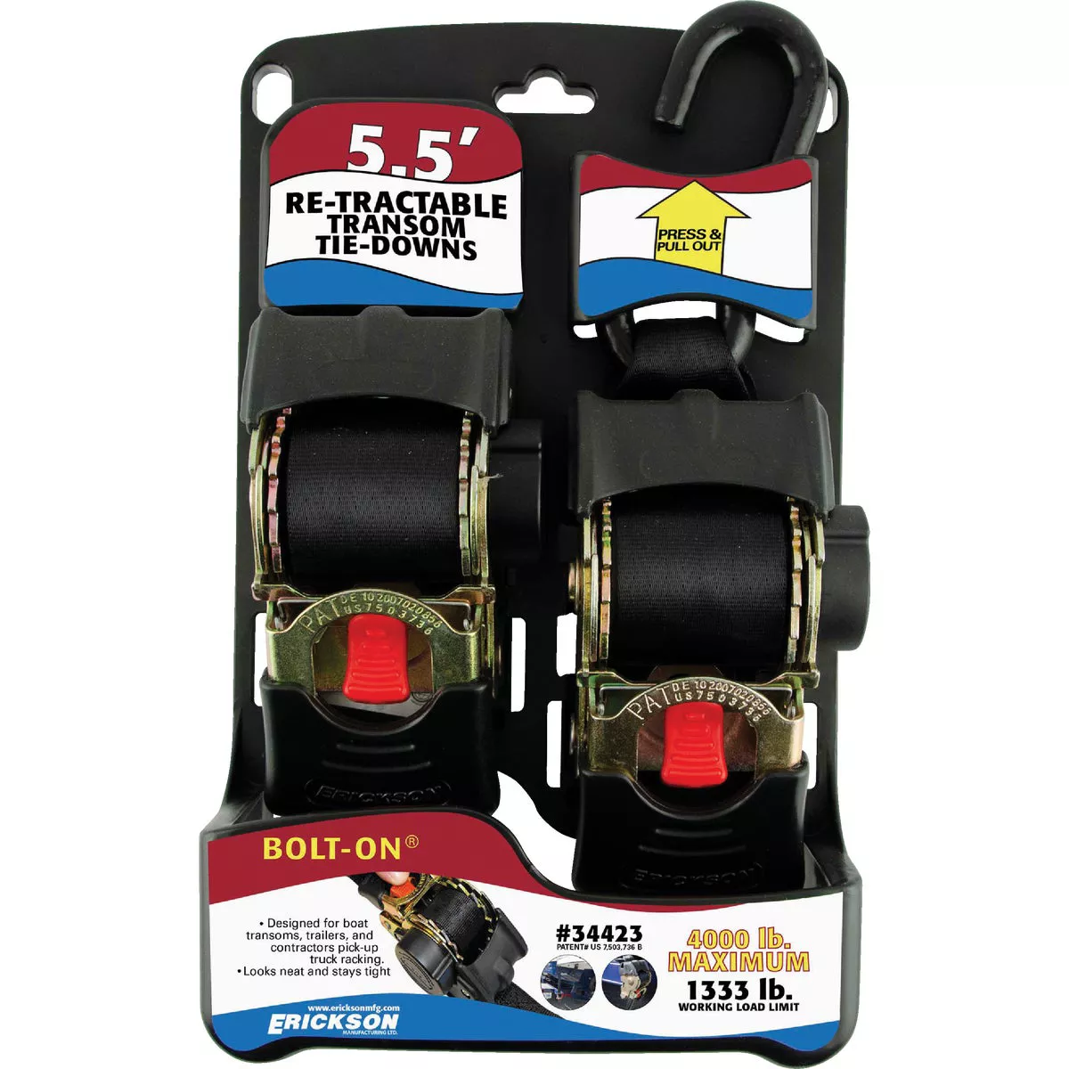 Erickson 2 In. x 5-1/2 Ft. 1333 Lb. Bolt-On Re-Tractable Transom Tie-Down (2-Pack)