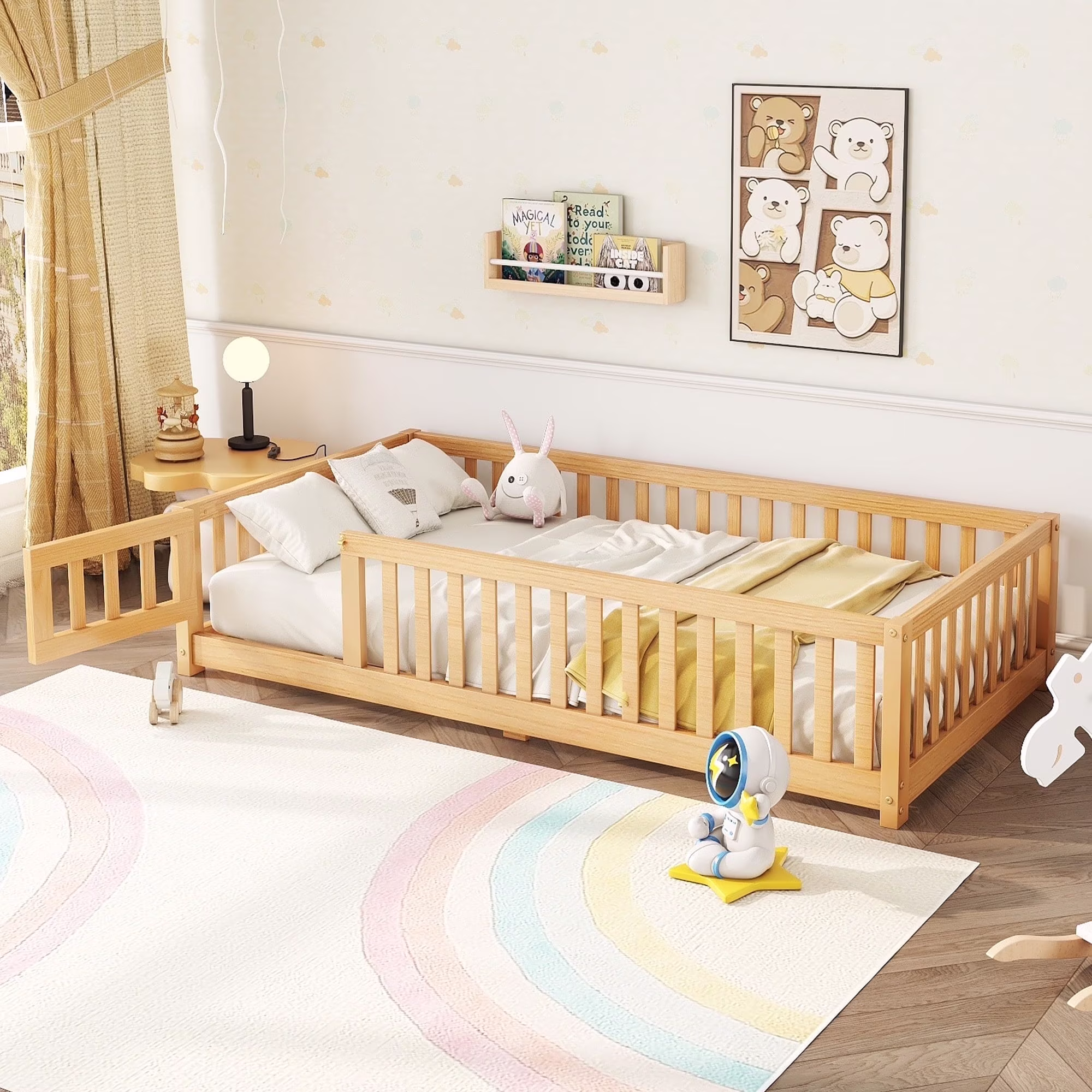 Bellemave Full Size Floor Bed with Door and Fence Floor Bed with Bed Slats Sturdy Wood Floor Bed Montessori Bed Frame (Full, Pink) - Image 3