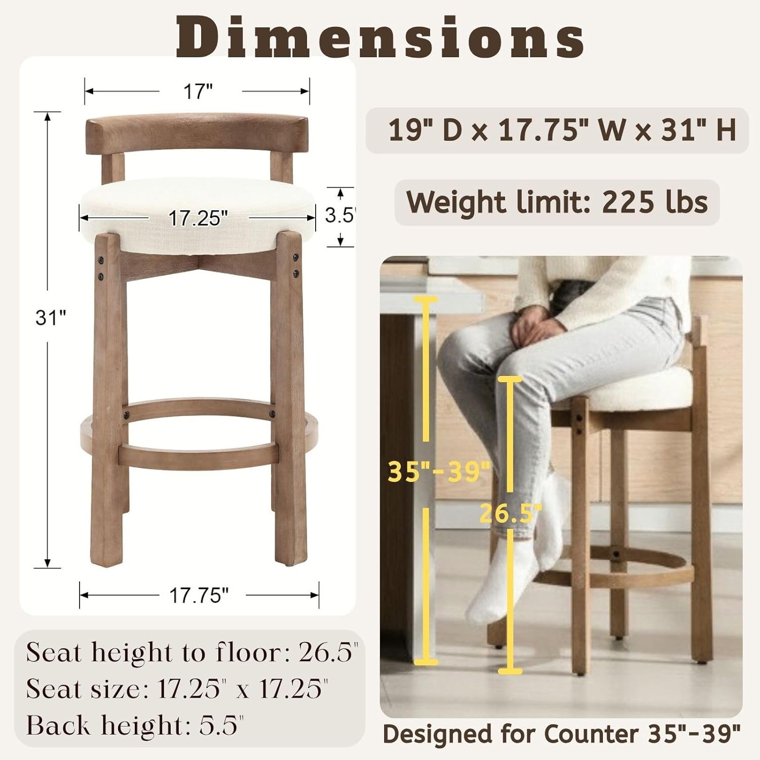 LukeAlon Mid Century Linen Counter Stools Set of 3, Upholstered 26.5
