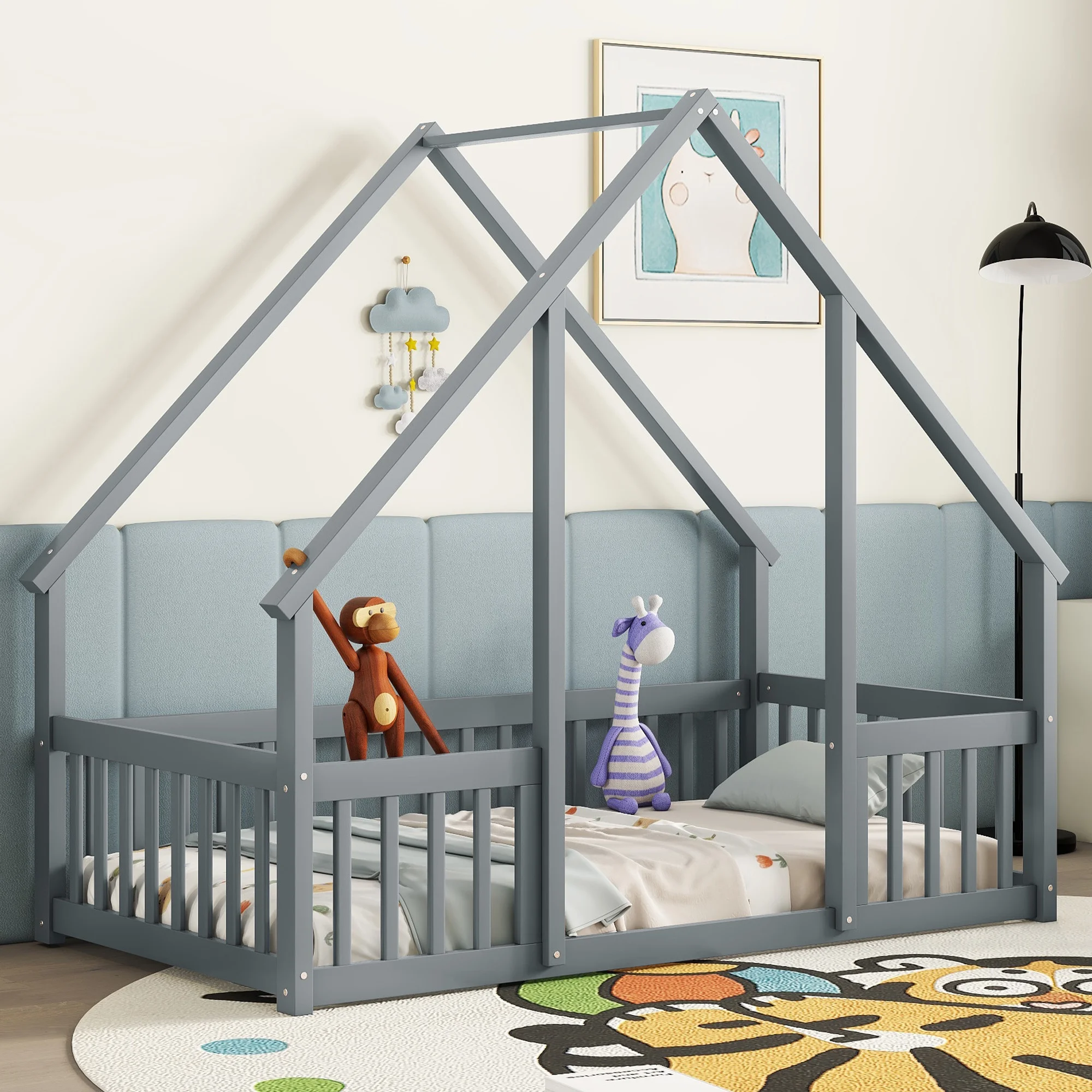 Bellemave Twin Size Floor Bed Frame, Wooden House Bed Twin Size with Fence, Montessori Bed with Guardrails for Bedroom (White) - Image 30