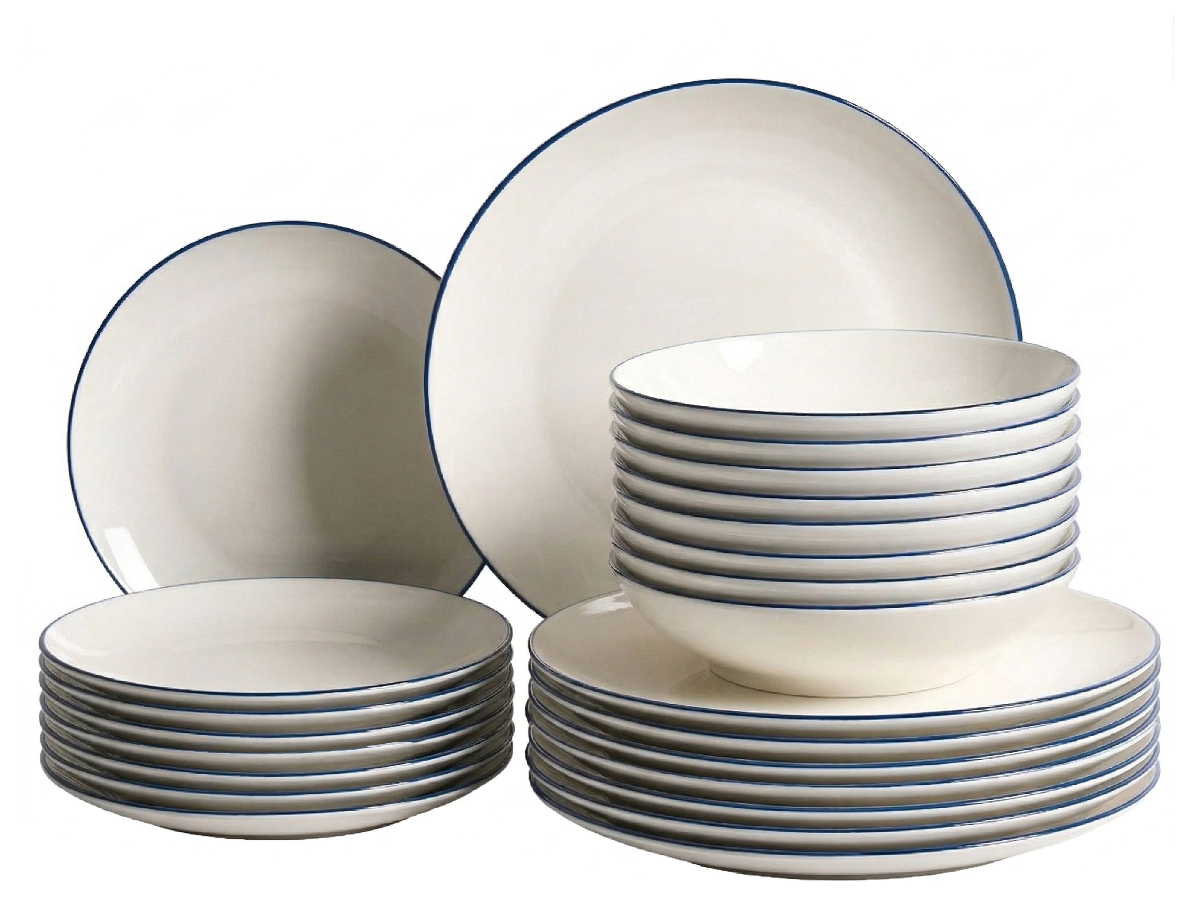 Set of 24 Dinnerware CUMIN Porcelain Off-White/ Blue