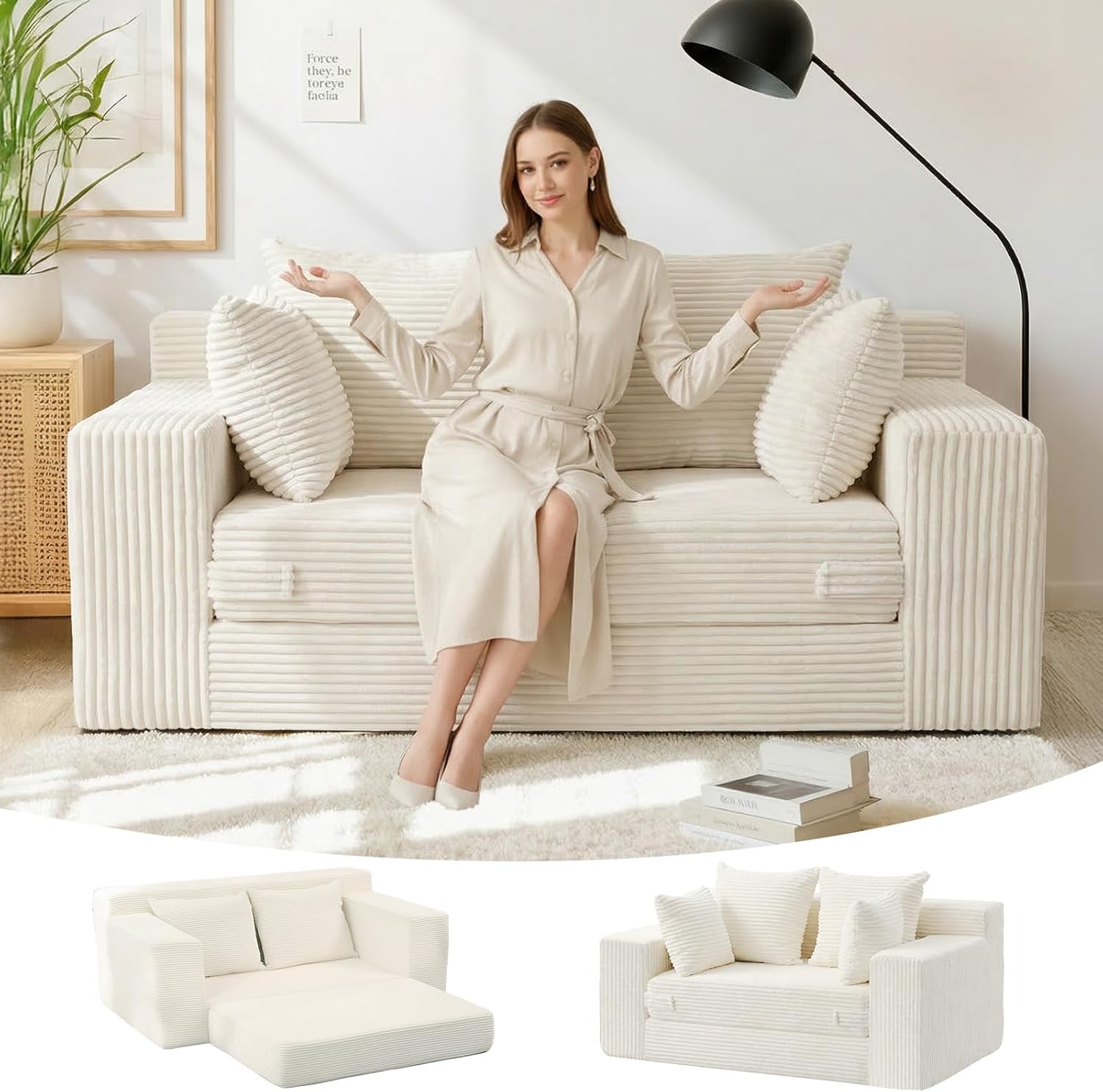 Boneless Loveseat Sleeper Sofa Bed, 3-in-1 Convertible Sofa Bed and Futon Couch with 4 Pillows, 55