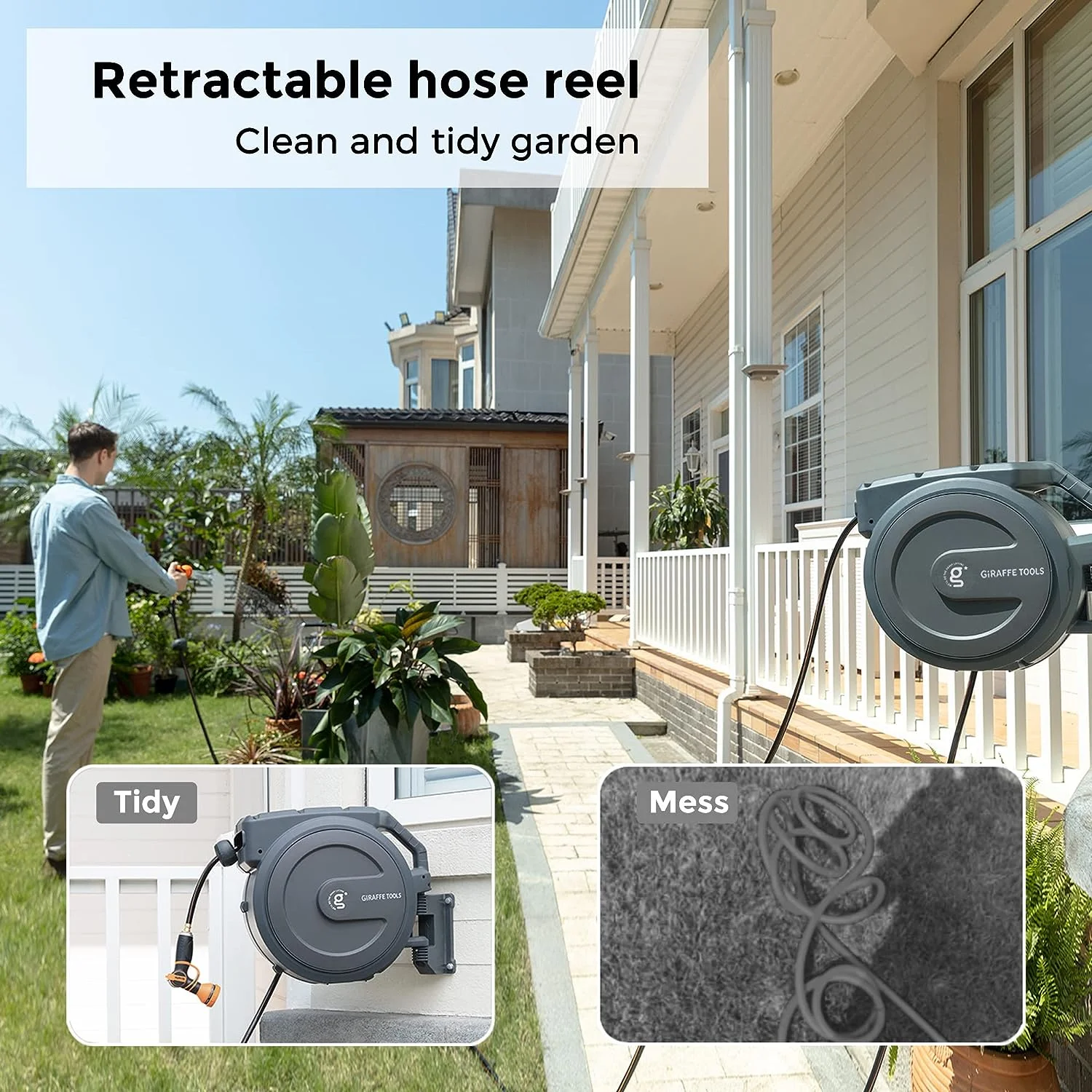 Giraffe Tools Retractable Garden Hose Reel with 1/2in-100ft Water Hose, Plastic Bracket, Wall Mounted, Dark Grey - Image 24