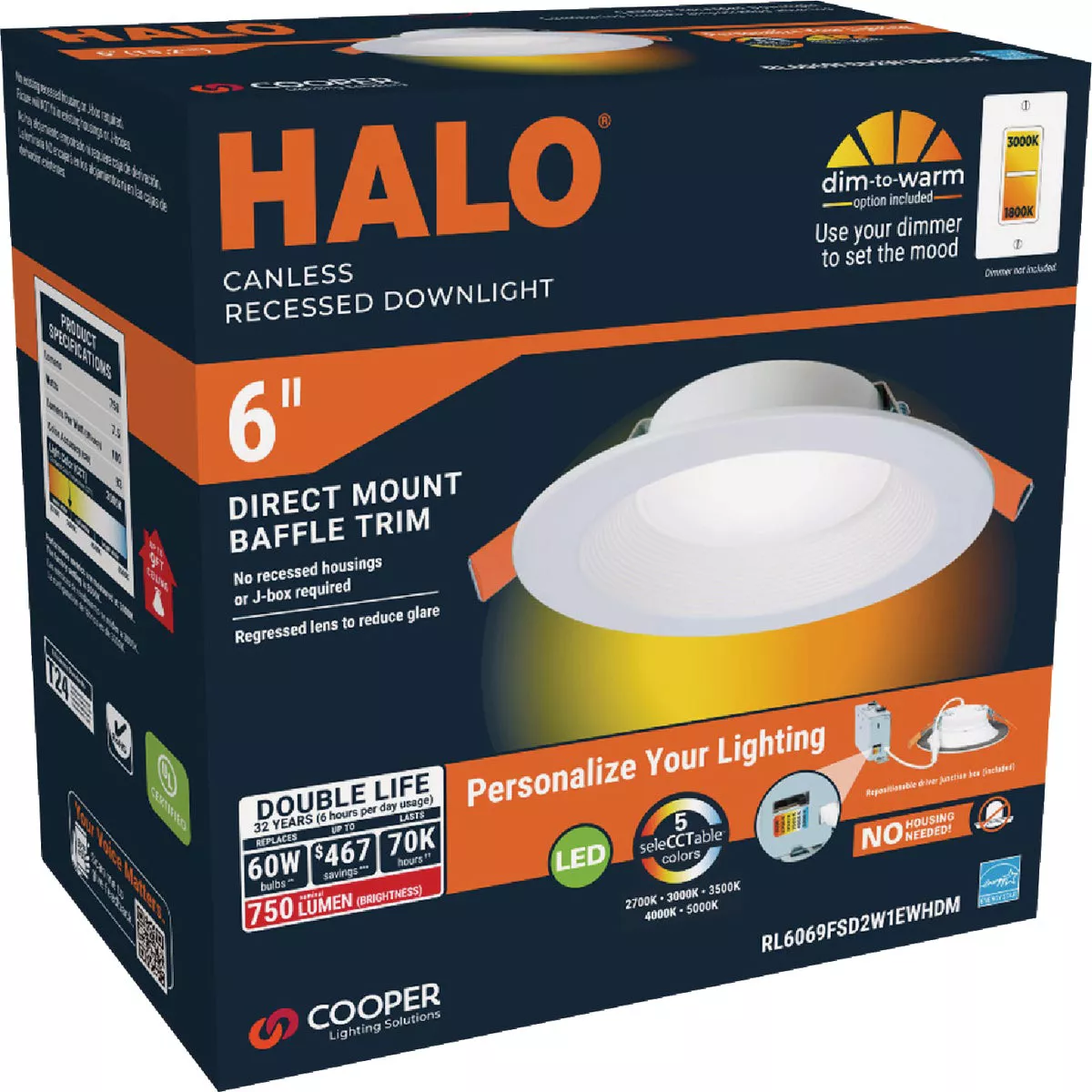 Halo 6 In. Selectable CCT Direct Mount Canless Recessed LED Downlight, White