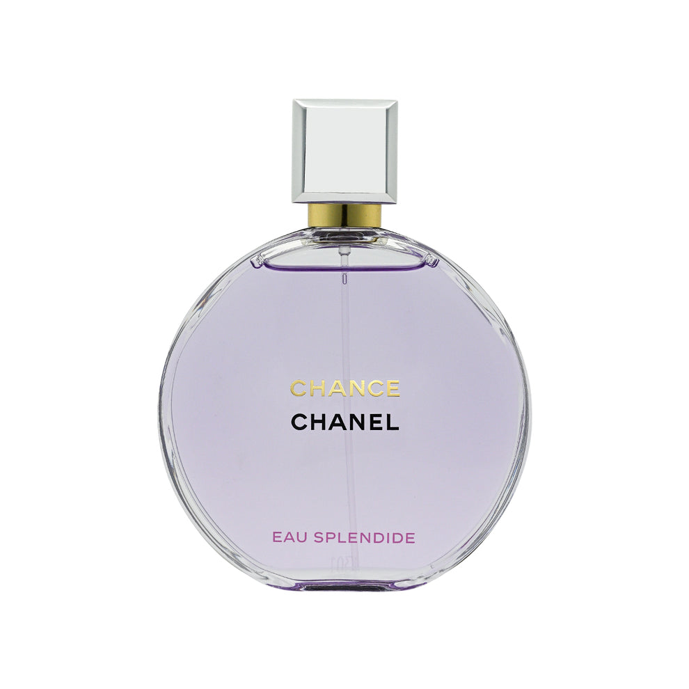 Front view of CHANEL Chance Eau Splendide Eau de Parfum round glass bottle filled with light purple fragrance.
