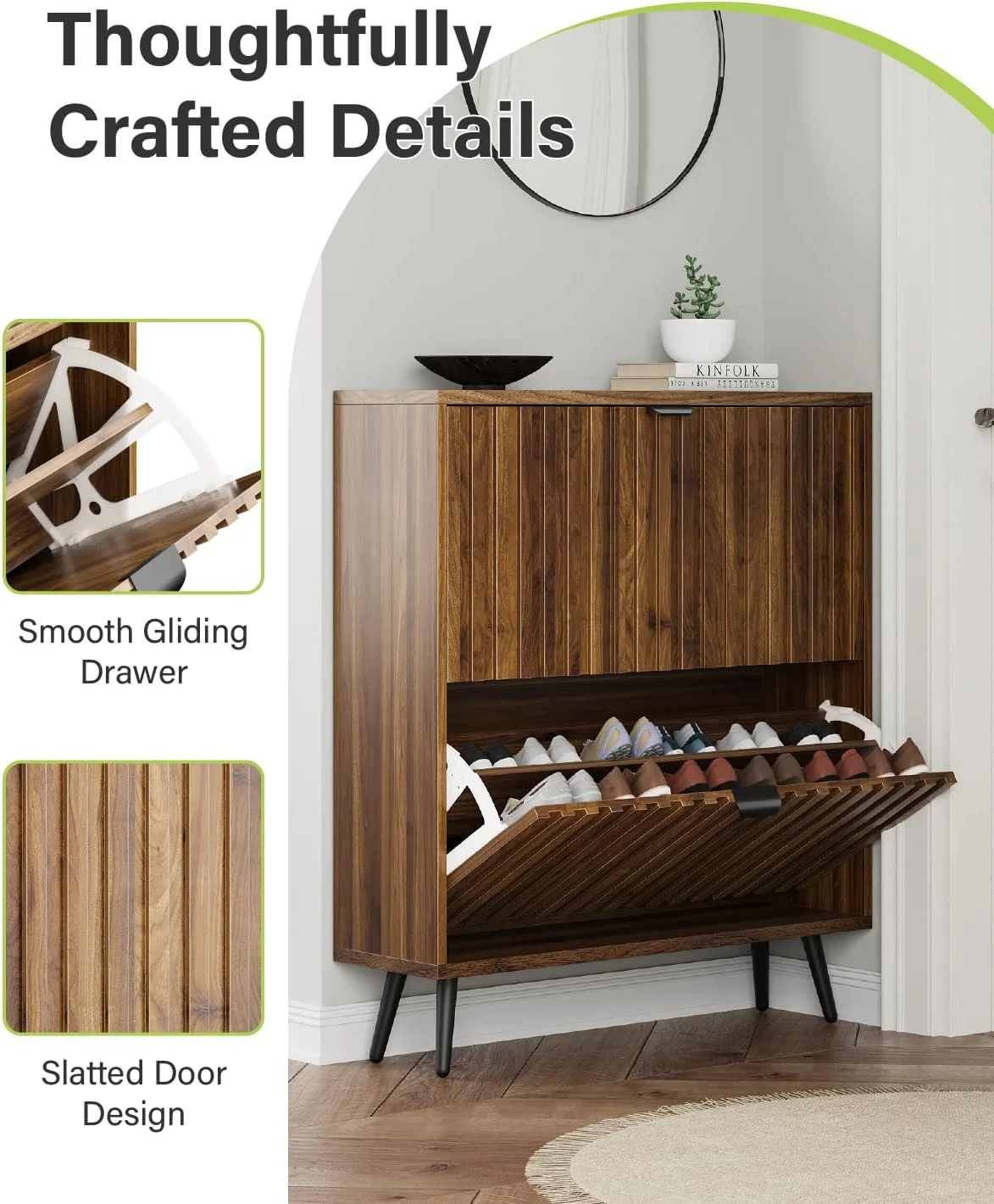 Smart FENDEE Shoe Cabinet with 2 Flip Drawers Freestanding 24 Pair Shoe Storage Cabinet for Entryway - Image 2