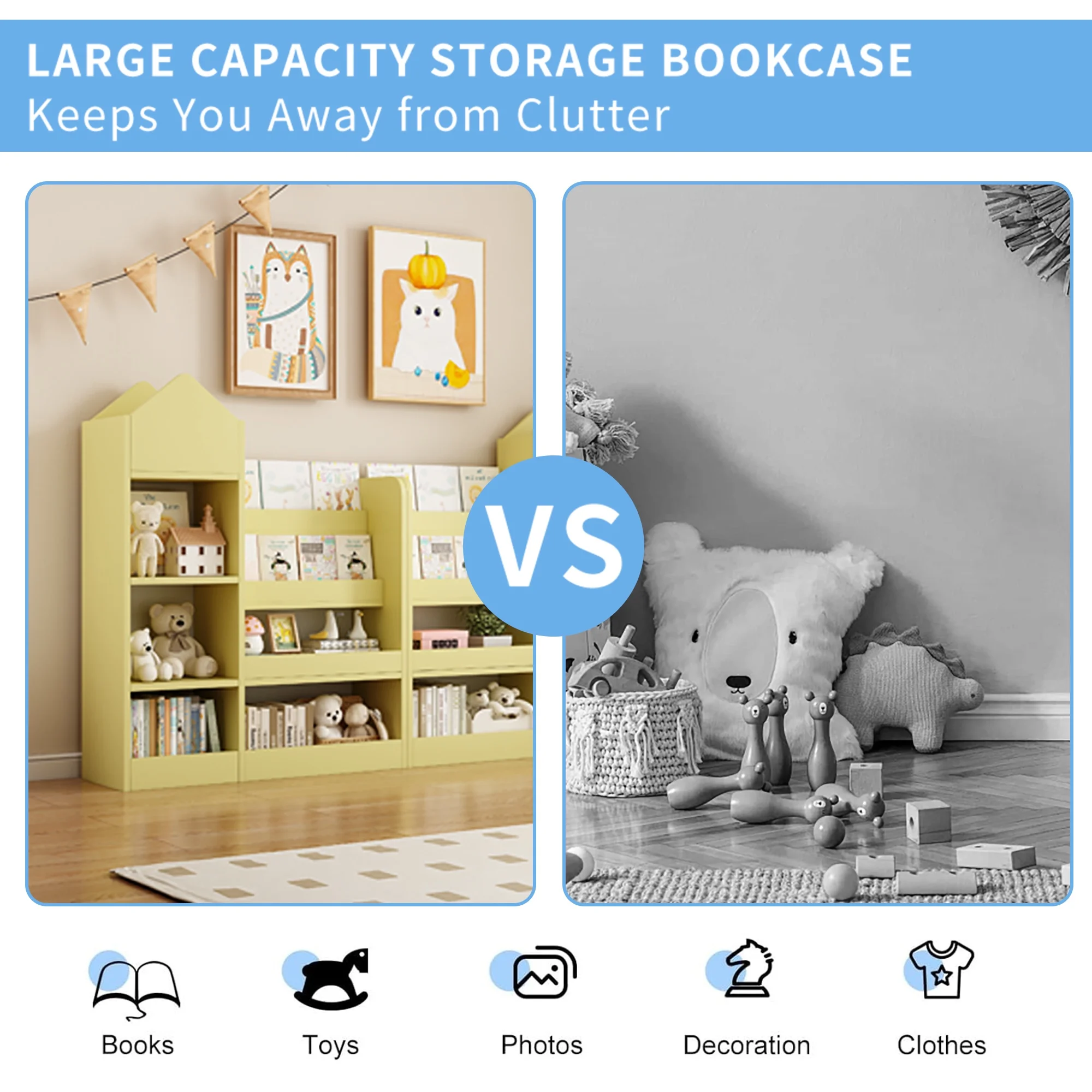 PORKISS Bookshelf for Kids, Wood Kids Bookcase with Toy Storage Organizer, Freestanding Book Shelf with 6 Compartments and 2 Baskets Bins for Kids Bedroom, Nursery, Playroom, Natural - Image 16