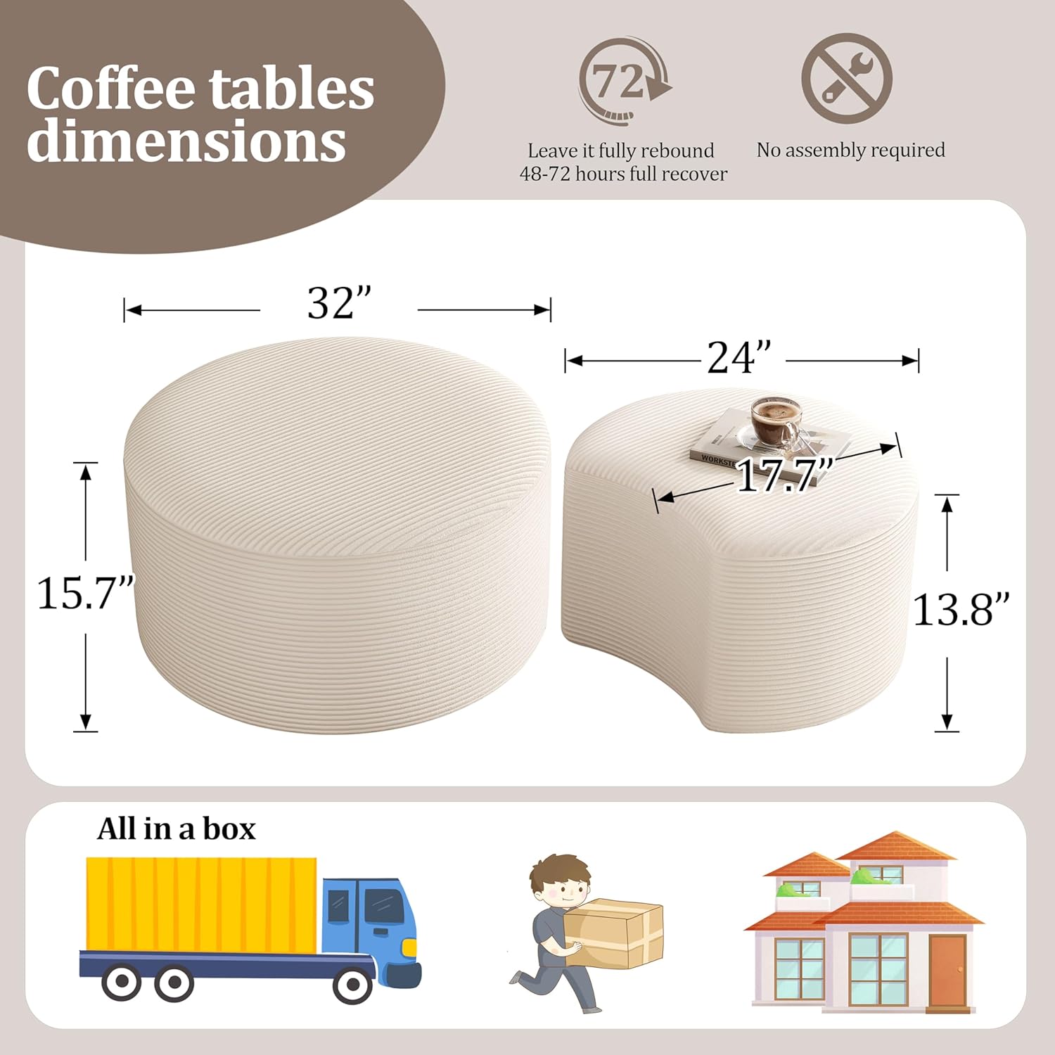 BSHOMGI Round Coffee Table Set of 2, Movable Ottoman for Corduroy Cloud Sectional Couches Circle Foam Round Side Table for Living Room, Entryway Set, 32