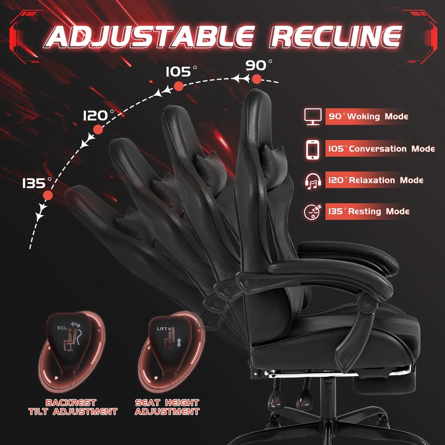 Lacoo PU Leather Gaming Chair Massage Ergonomic Gamer Chair Height Adjustable Computer Chair with Footrest & Lumbar Support, White - Image 61