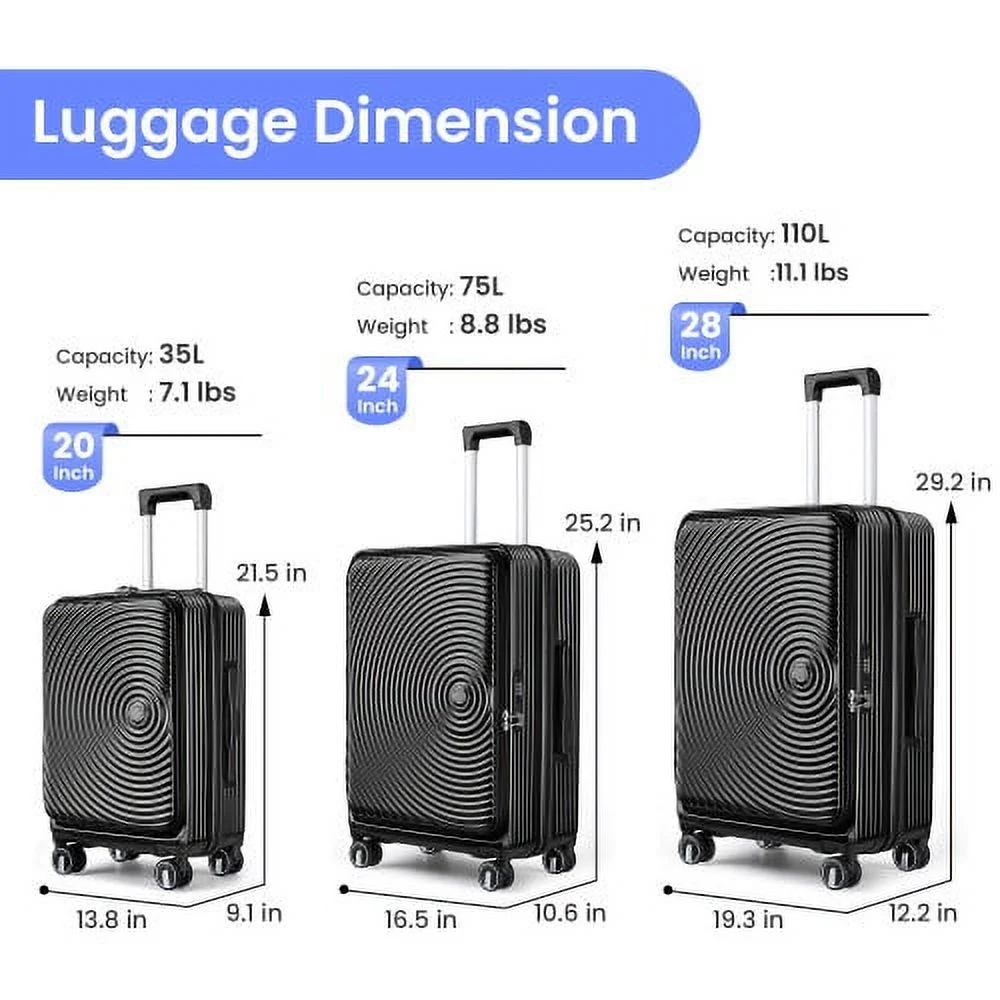 Bailu Luggage Set 3-Piece (20/24/28), Expandable Carry-On Luggage with TSA Lock Airline Approval, 100% PC Hard Shell Lightweight Luggage with Front Pocket and Spinner Wheels (Black)