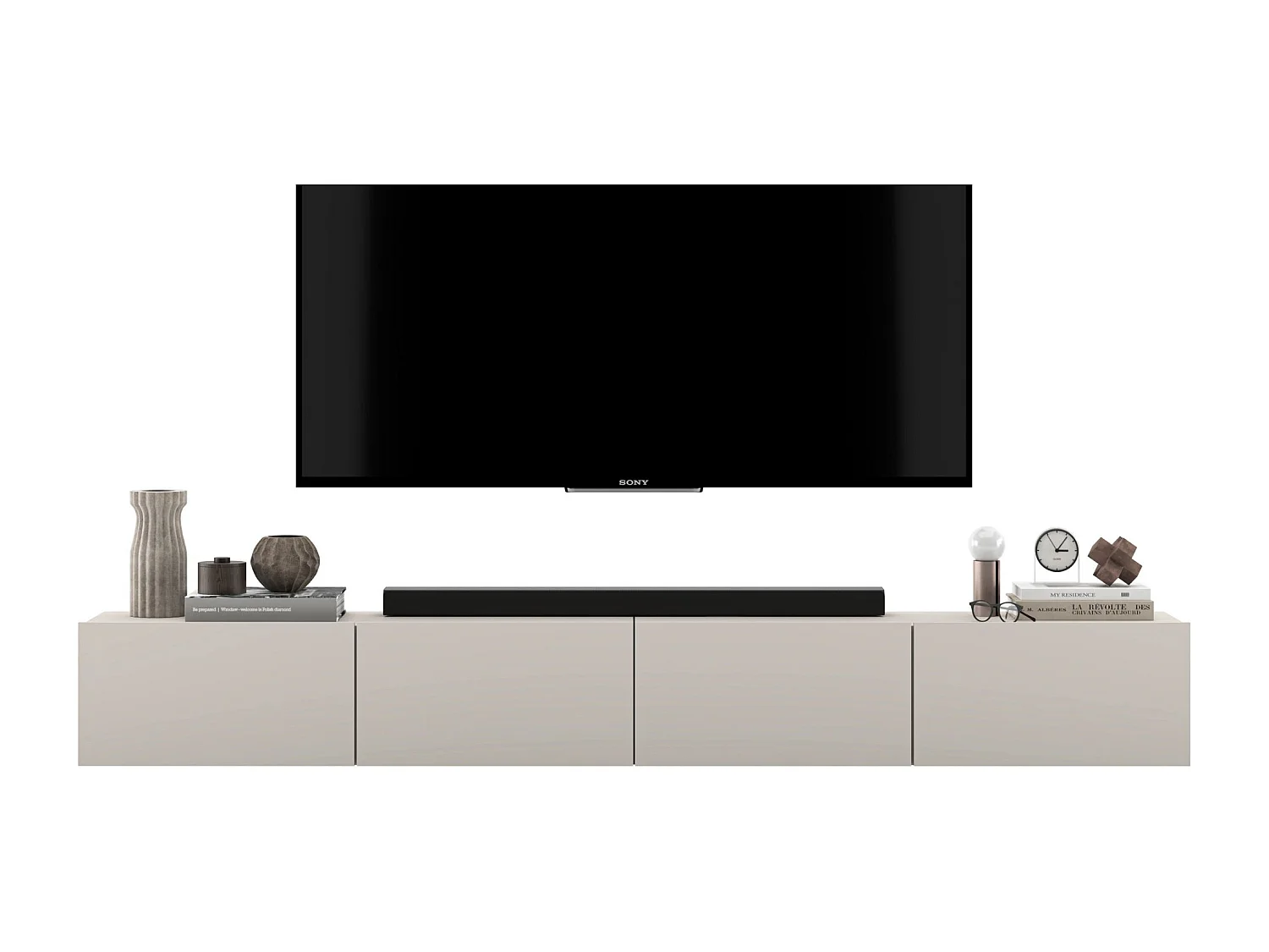 Meuble TV suspendu avec 4 portes - corps Cachemire mat, façades Cachemire mat - 240 cm
