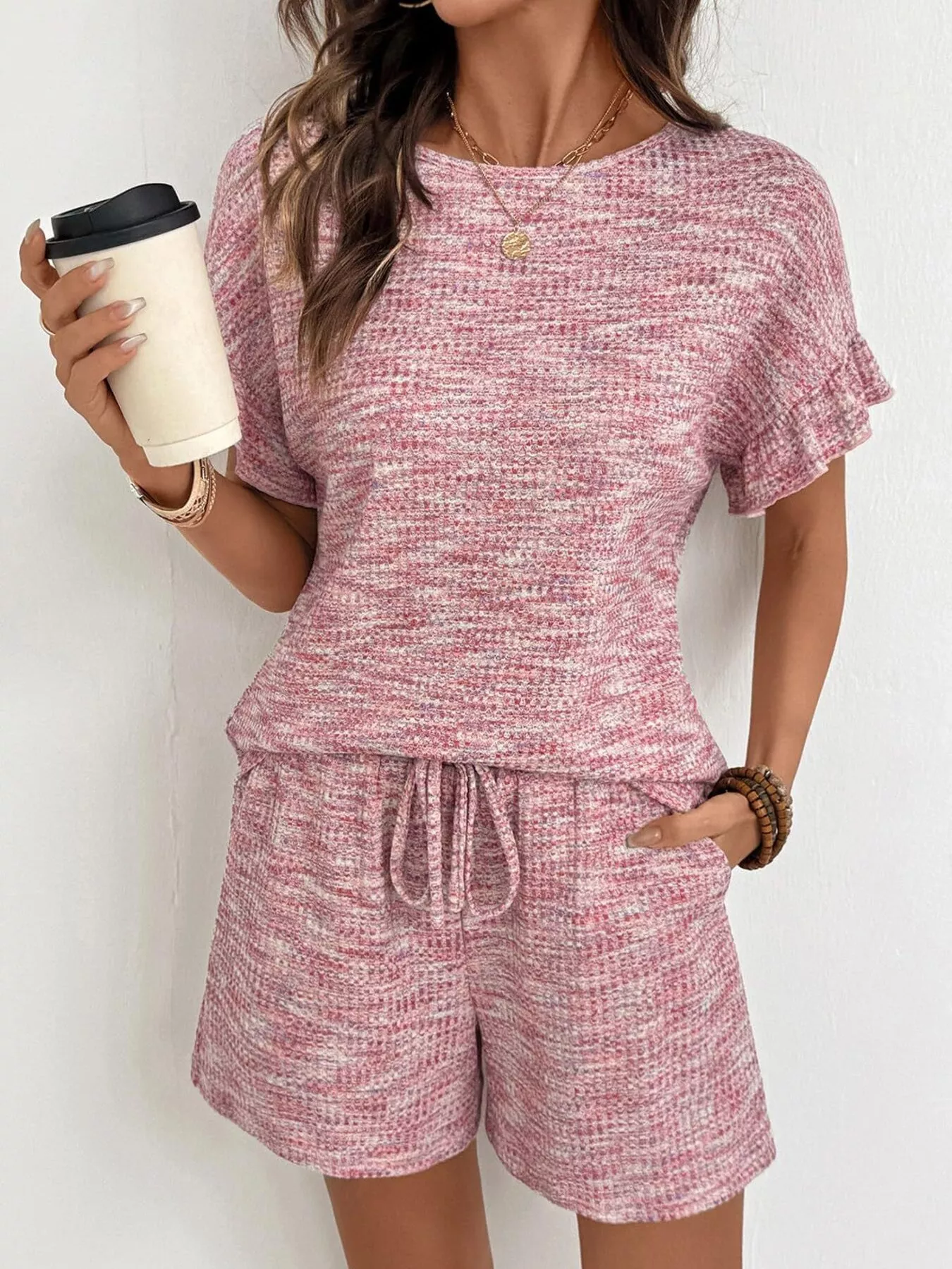 Ruffle Sleeve Textured Top and Shorts Set - ZKZOOK