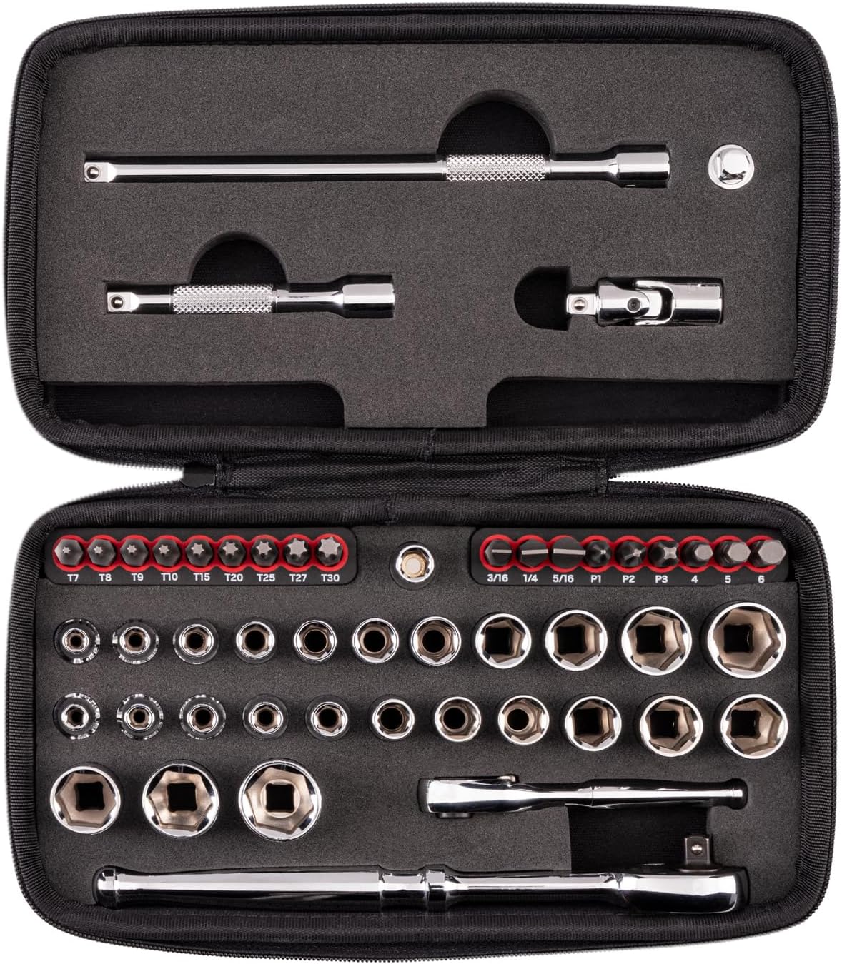 TEKTON 1/4 Inch Drive 6-Point Small Engine Shallow Socket, Bit, and Quick-Release Ratchet Set with Case (50-Piece) | SKT07902