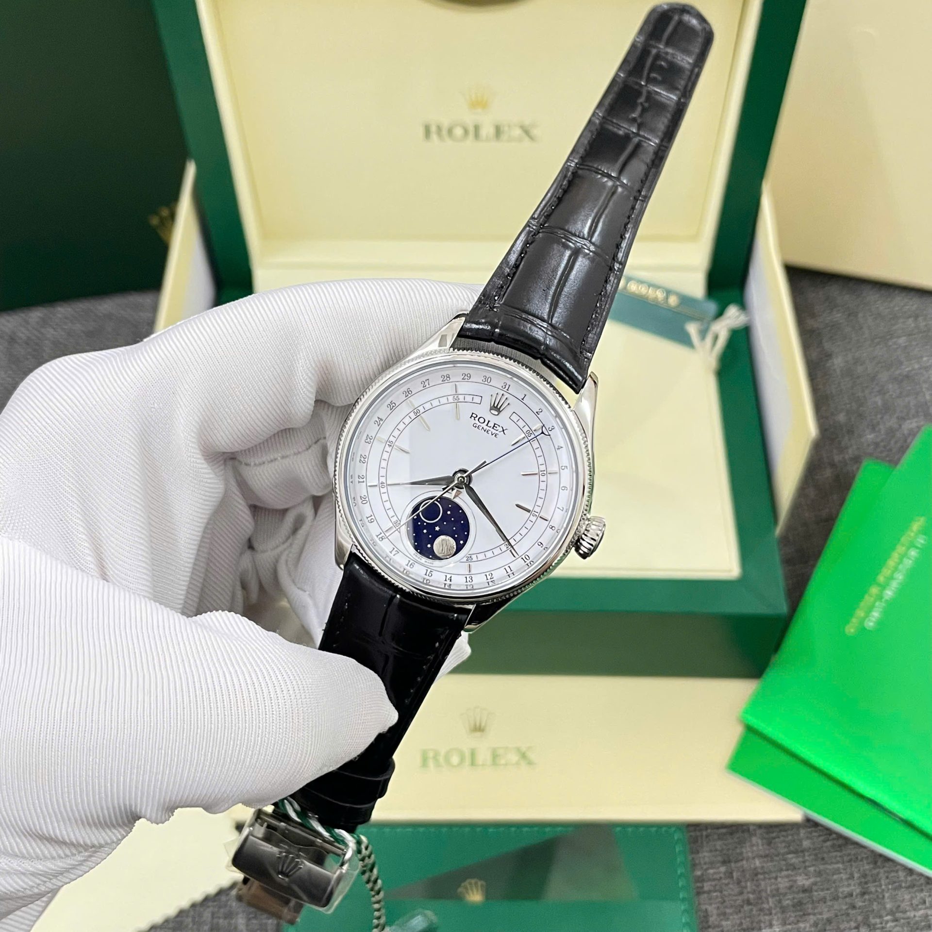 Rolex High End Watch Replicas Cellini Moonphase White Dial Leather Strap 39mm - Top club