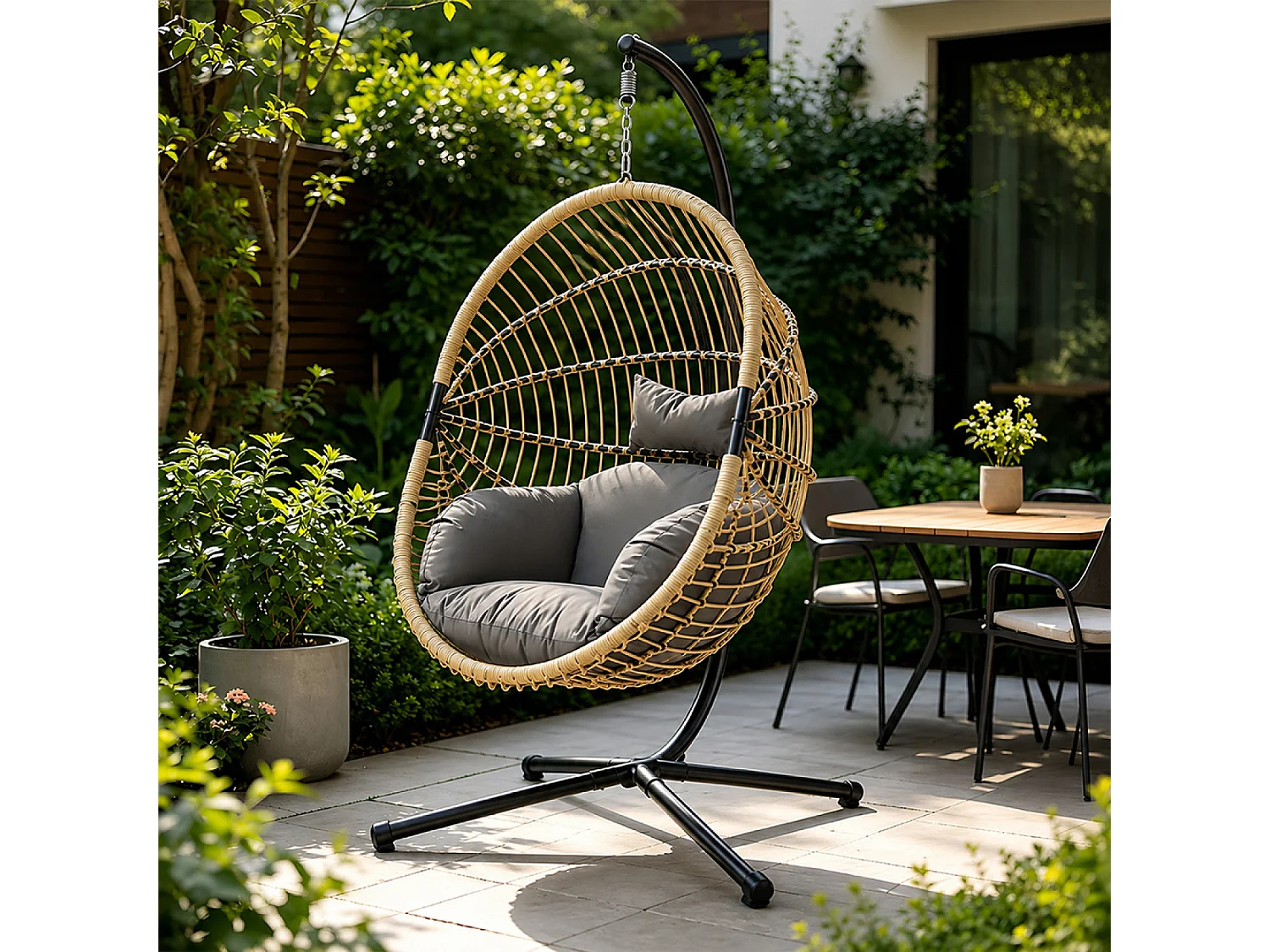 Fauteuil suspendu effet rotin avec coussin gris BRASILIA