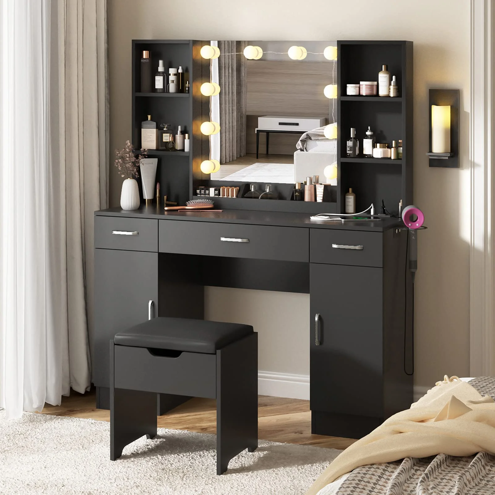 VEANERWOOD Large Makeup Vanity Set with Light Modern Makeup Vanity Table with Storage and Adjustable Lighting Colors for Bedroom 45.2in, White - Image 34