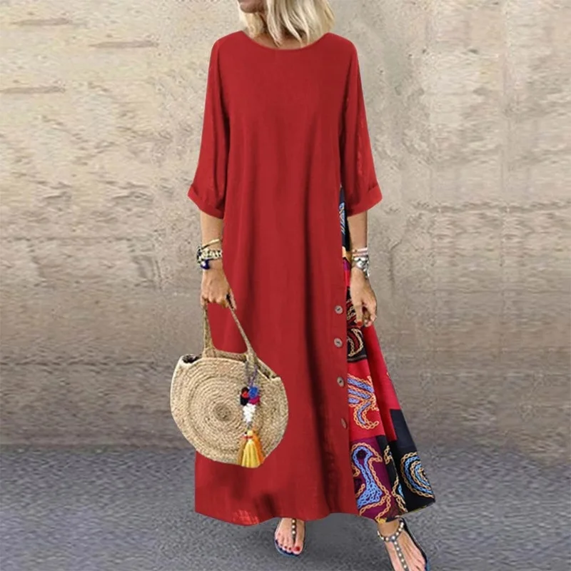 Cotton Linen Vintage Long Dresses Women Three Quarter Sleeves Splicing Print Loose A-line Dress Fashion Casual Lady Maxi Vestido - AZJHJ