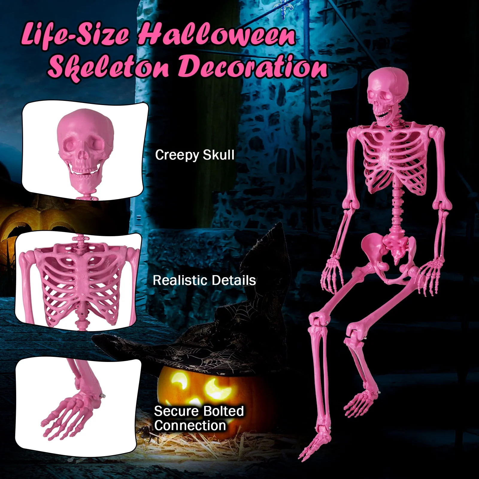 Costway 5.5 FT Poseable Halloween Skeleton Life-Size Decoration with Movable Joints Pink - Image 9 Costway 5.5 FT Poseable Halloween Skeleton Life-Size Decoration with Movable Joints Pink - Image 9
