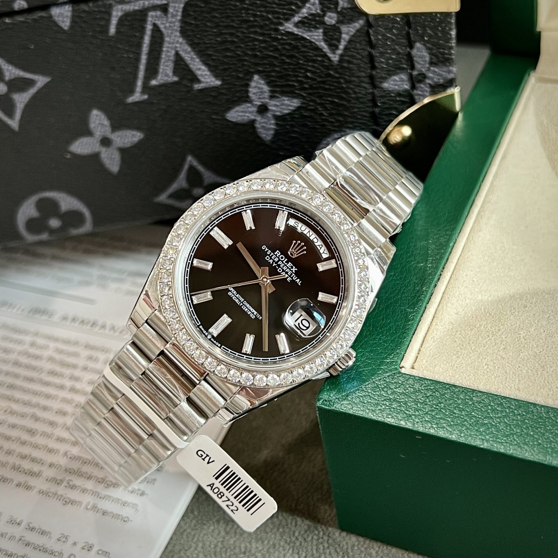 Rolex Day-Date Replica Watch Black Dial Custom Moissanite Diamonds 40mm - Top club