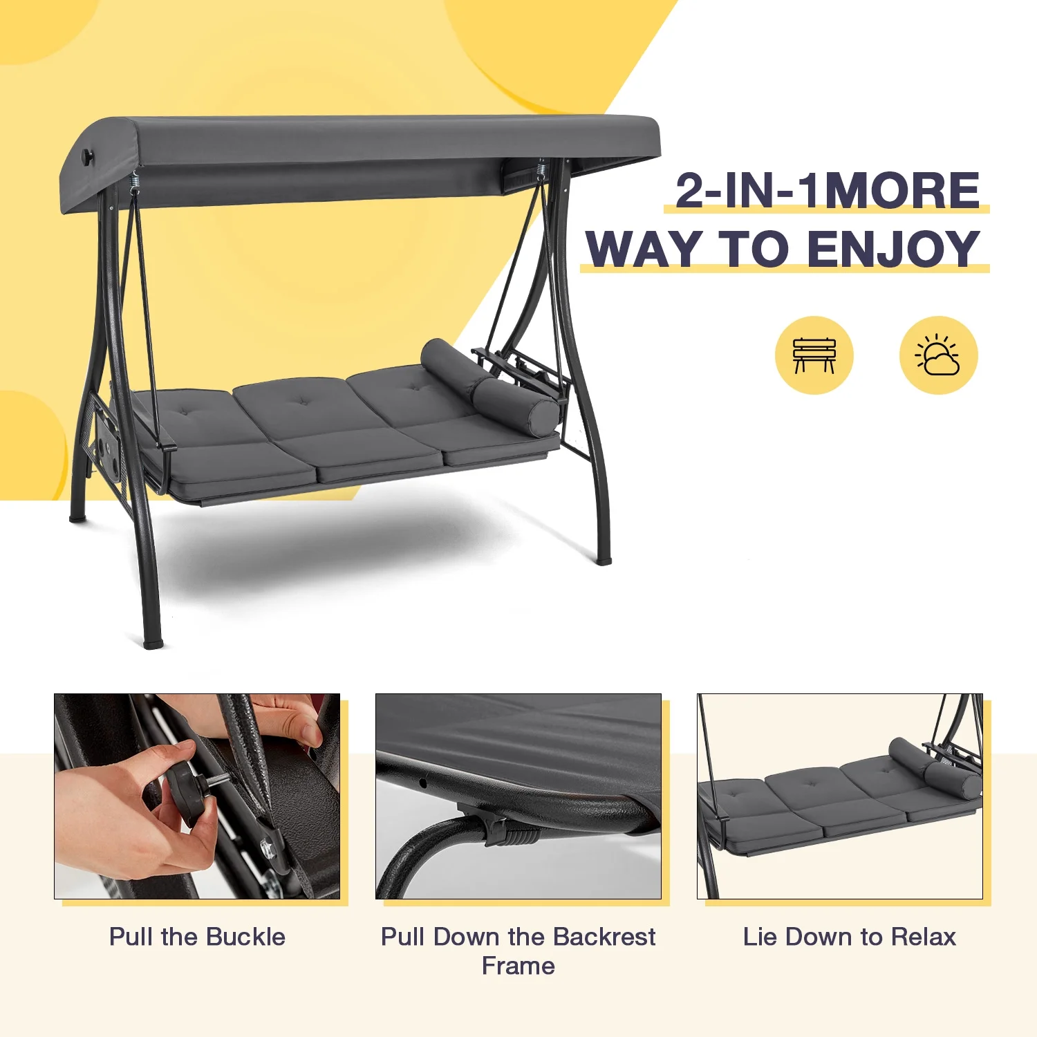 Homrest 3 Person Patio Outdoor Porch Swing with Adjustable Canopy, Backrest, Swing Bed with Stand for Garden,Deck - Image 40