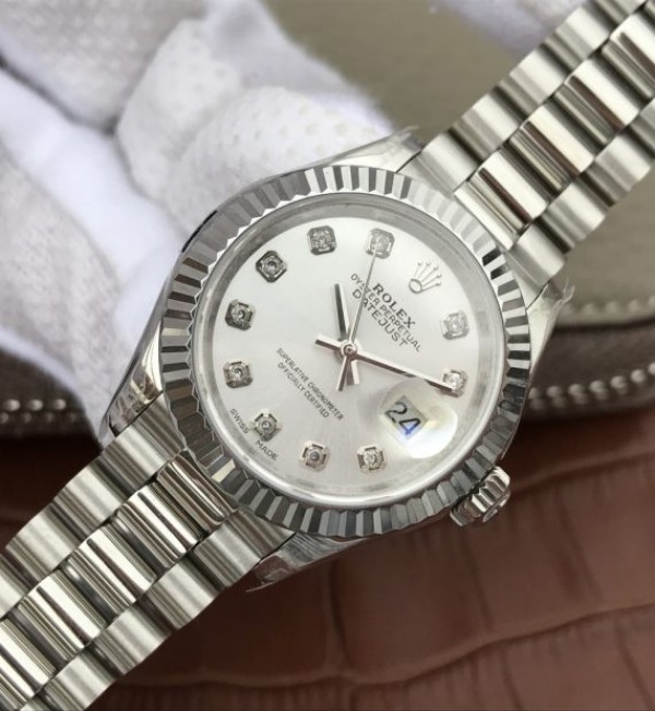 Replica Rolex DateJust 28mm Fluted Bezel White Dial Diamonds Markers Bracelet A2236 - Elite Watch Atelier