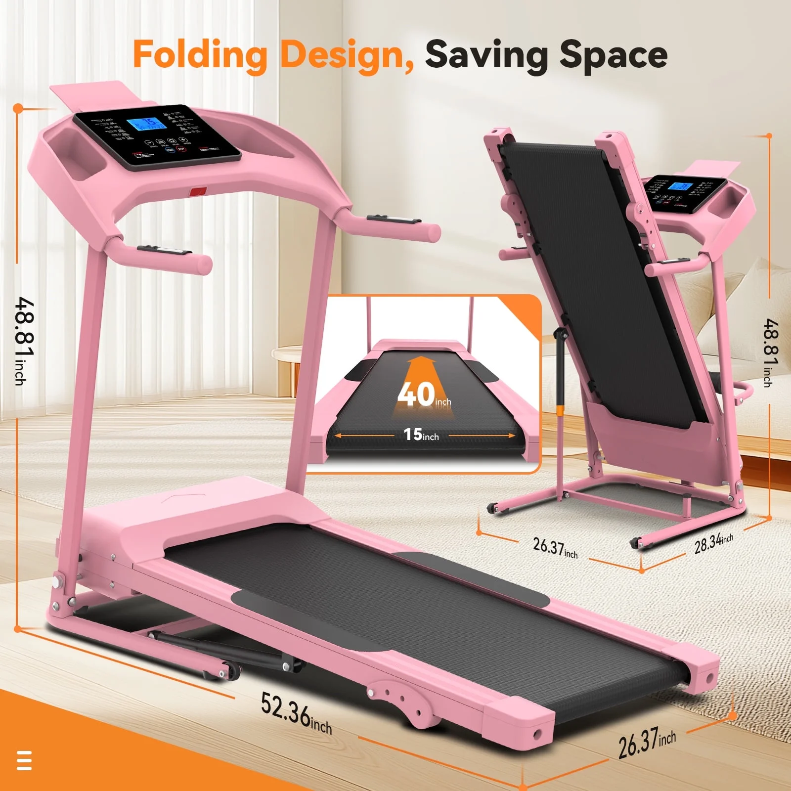 Treadmill with 8% Incline, 3.0 HP Foldable Compact Treadmill with Sit-up Function, 300 lbs Walking Running Treadmill with LCD Display for Exercise, 12 Programs - Image 20