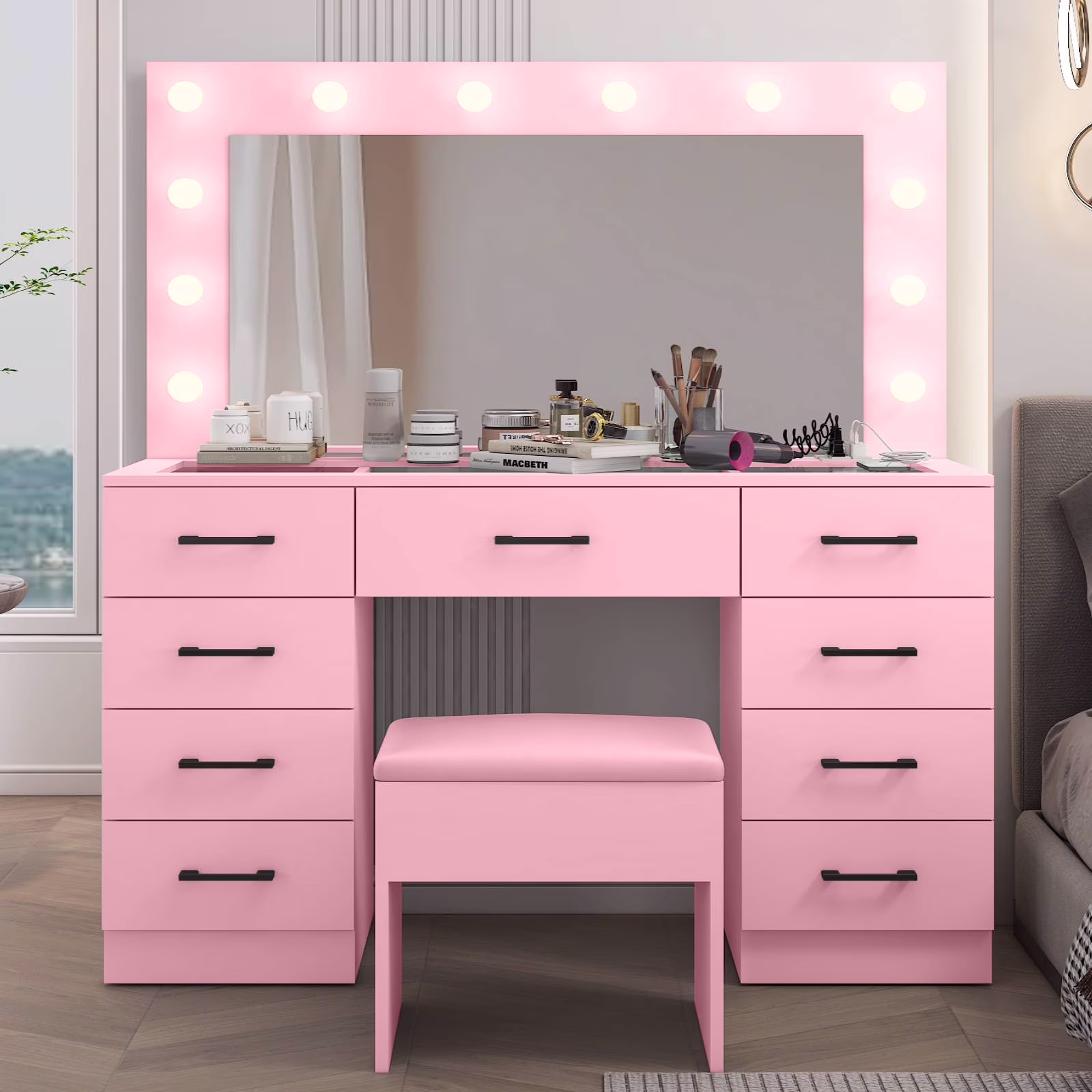 Ktaxon Large Makeup Vanity, Vanity Table Set w/ Visible Glass Top w/ Charging Station, White - Image 9