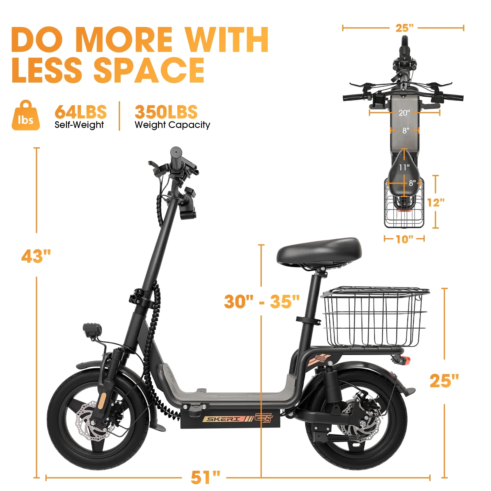 Skeri Electric Scooter with Seat for Adult and Basket, 14 Inch Tire Electric Scooter with Dual Shock Absorbers, 350W Motor with 25-Mile Range, Speed Up to 20 MPH (Gen 2.0) - Image 4