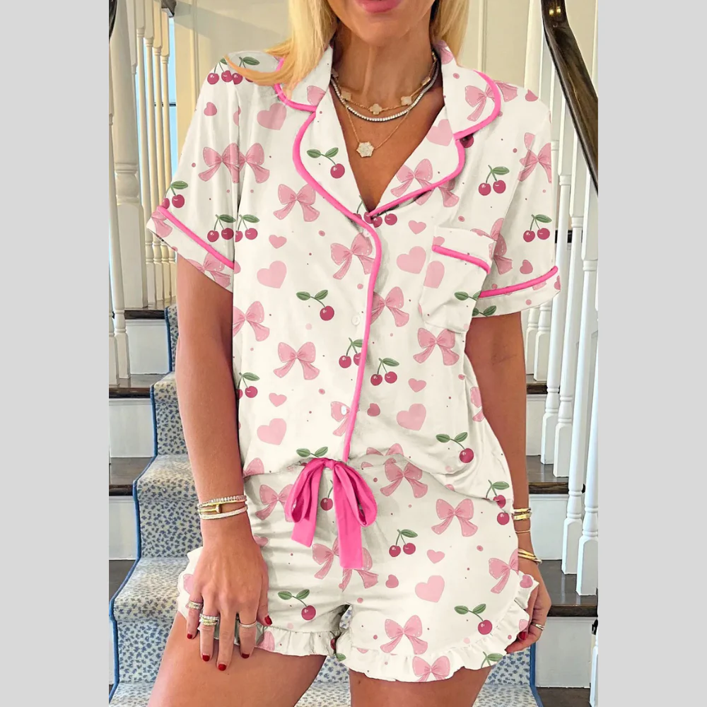 Printed Button Up Short Sleeve Top and Shorts Lounge Set - ZKZOOK