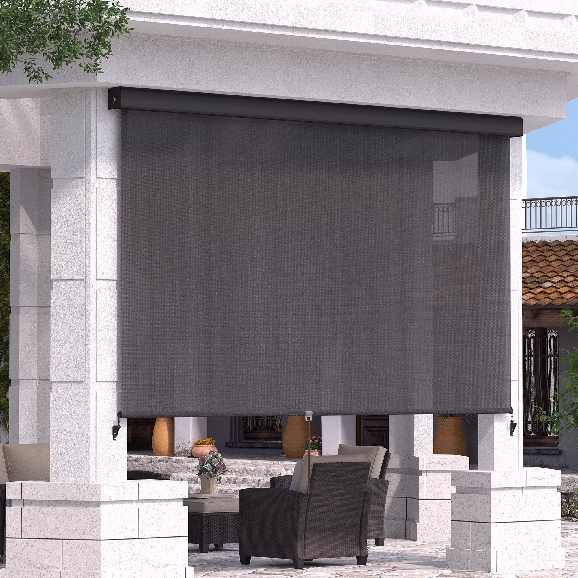 Vicllax Outdoor Patio Blinds Sun Shades Spring Roller Shade with Valance for Patio, Gray, 8'Wx8'H