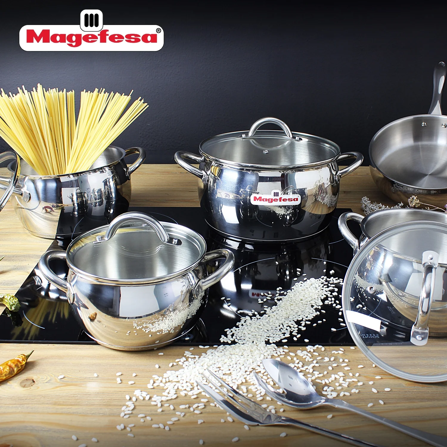 Magefesa Kuchen 9-Piece Stainless Steel Cookware Set, Includes Four Pots and a Frying Pan with Glass Lids and Ergonomic Handles, Suitable for All types of Stovetops including Induction - Image 4