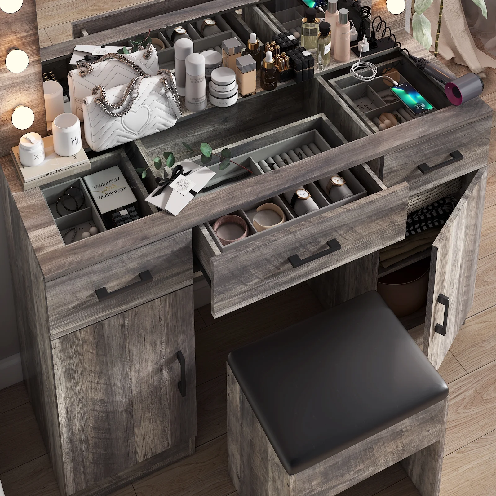 Ktaxon Large Makeup Vanity, Vanity Table Set w/ Visible Glass Top w/ Charging Station, White - Image 39