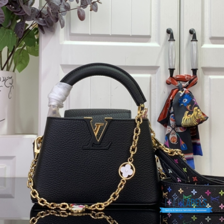 Black Pebbled Leather Mini Handbag with Gold Chain & Monogram Strap1:1High-quality replica