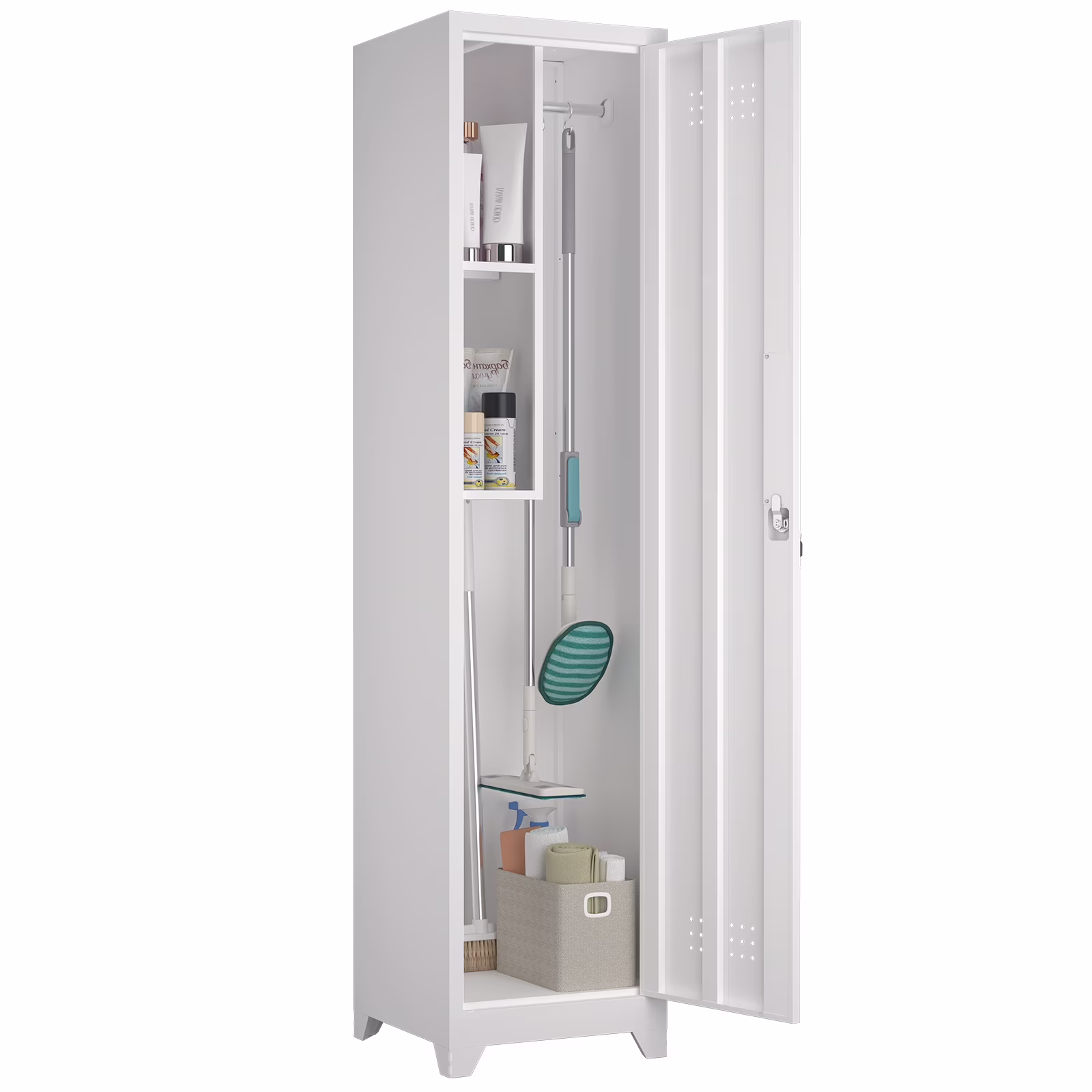 Marcree Slim Broom Storage Cabinet, Metal Cabinet with Shelves and Hanging Rod, 65" Utility Storage Cabinet with Locking Door, Tall Cleaning Storage Cabinet for Kitchen, Pantry, Office, Shop, Garage