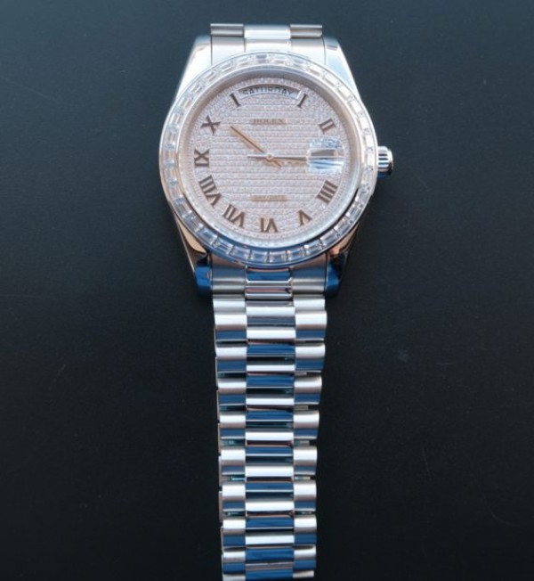 Replica Rolex Day-Date 218399 Roman Numerals SS Full Diamonds A3255 - Elite Watch Atelier