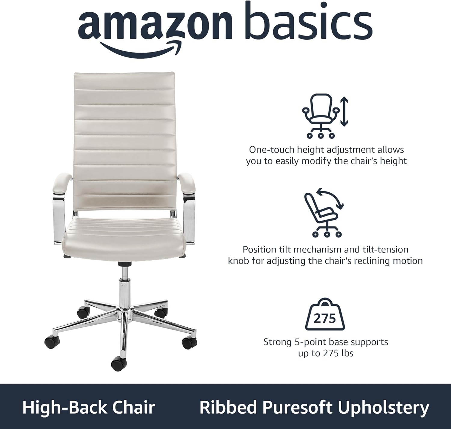 Amazon Basics High-Back Swivel Office Chair with Lumbar Support, Ergonomic Ribbed Faux Leather, Modern Style, 45.25
