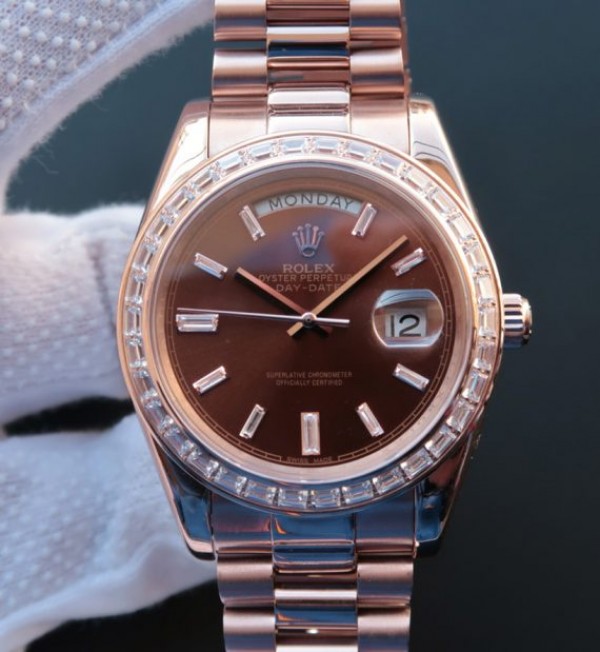 Replica Rolex Day-Date 41mm 218399 RG Brown Dial Diamonds Bezel RG Bracelet A3255 - Top club